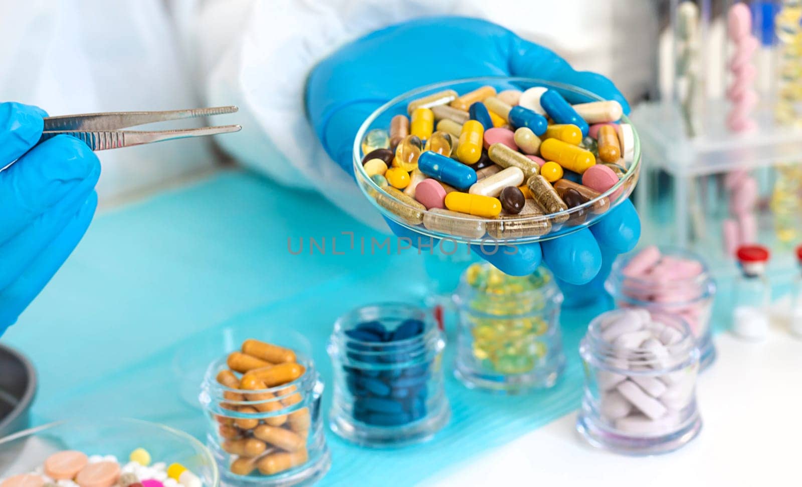 examine drugs in the laboratory. Selective focus. pills.