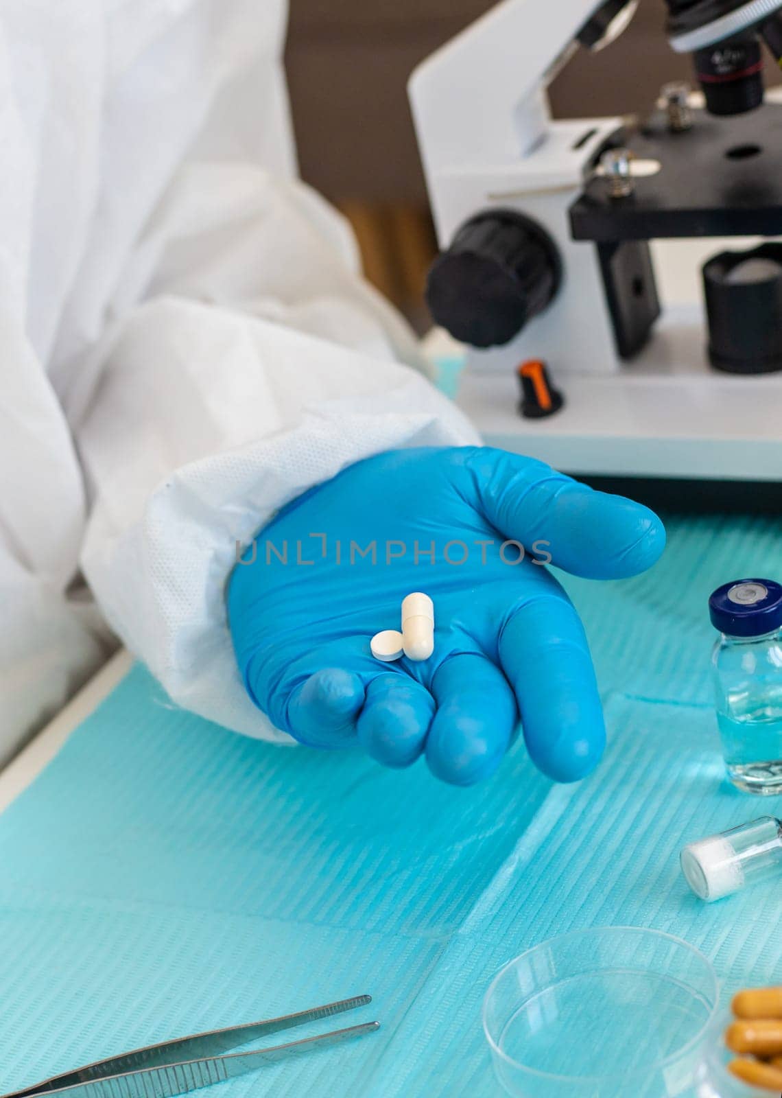 examine drugs in the laboratory. Selective focus. pills.