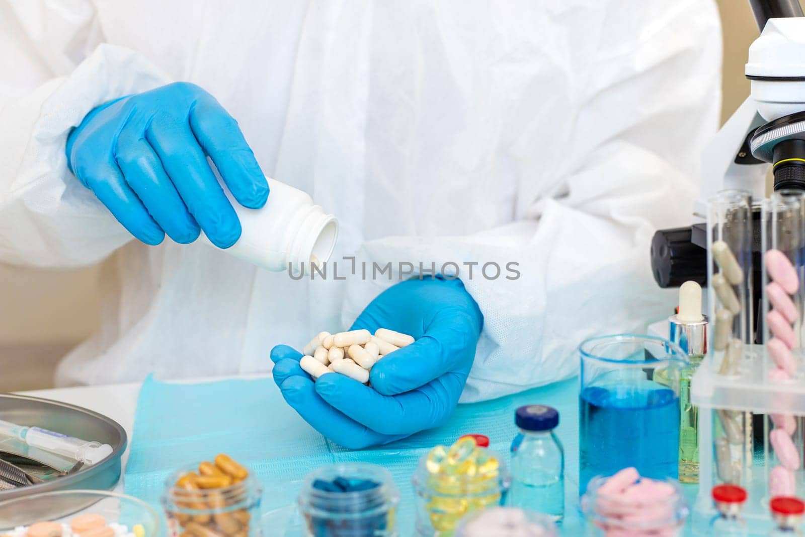 examine drugs in the laboratory. Selective focus. pills.