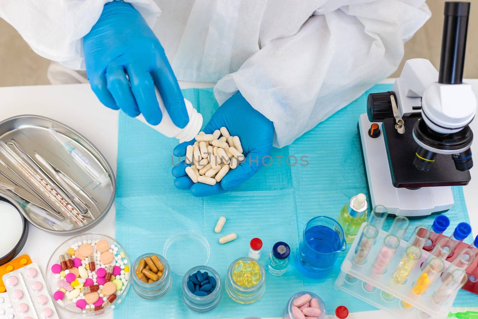 examine drugs in the laboratory. Selective focus. pills.