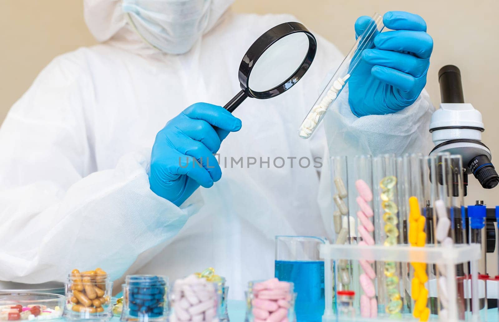 examine drugs in the laboratory. Selective focus. pills.