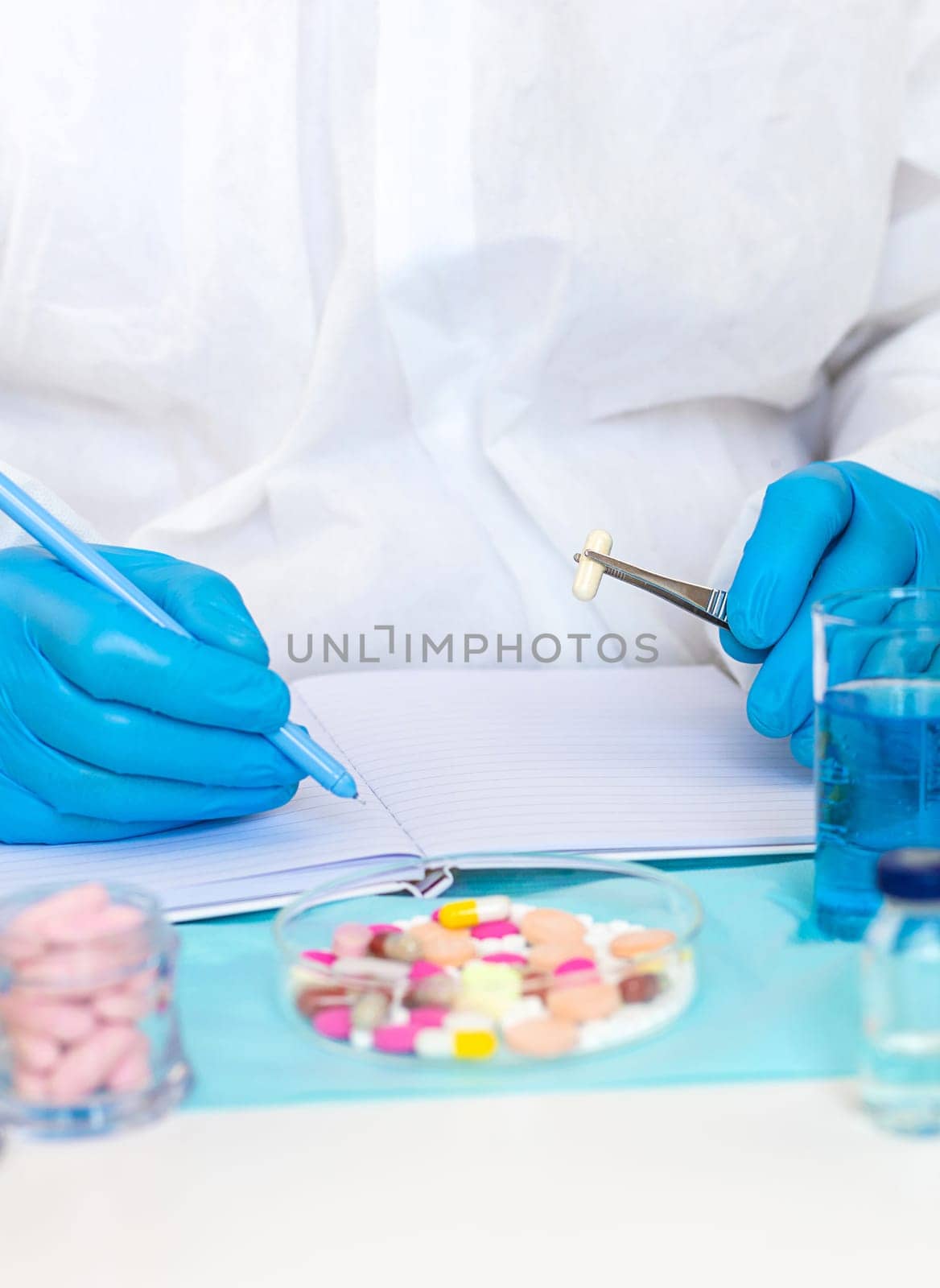 examine drugs in the laboratory. Selective focus. pills.