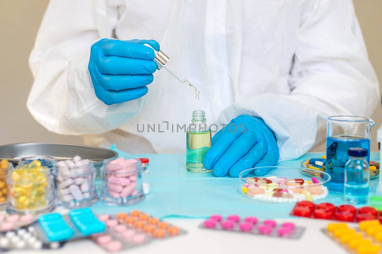 examine drugs in the laboratory. Selective focus. pills.