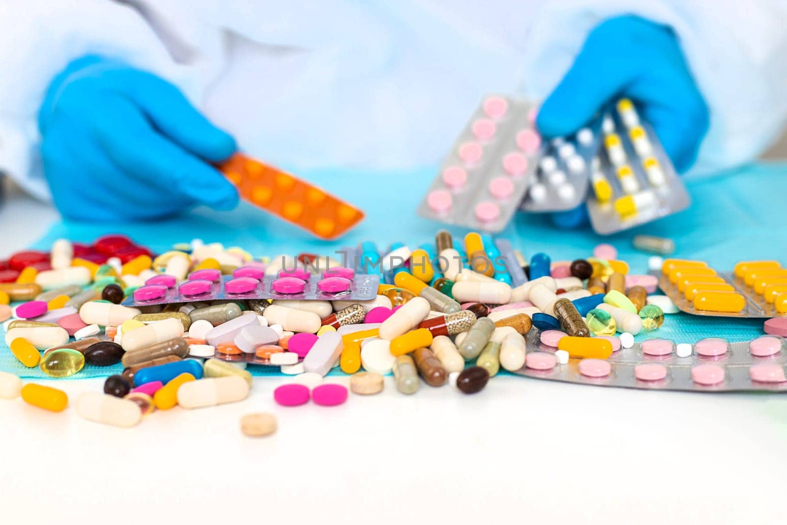 examine drugs in the laboratory. Selective focus. pills.