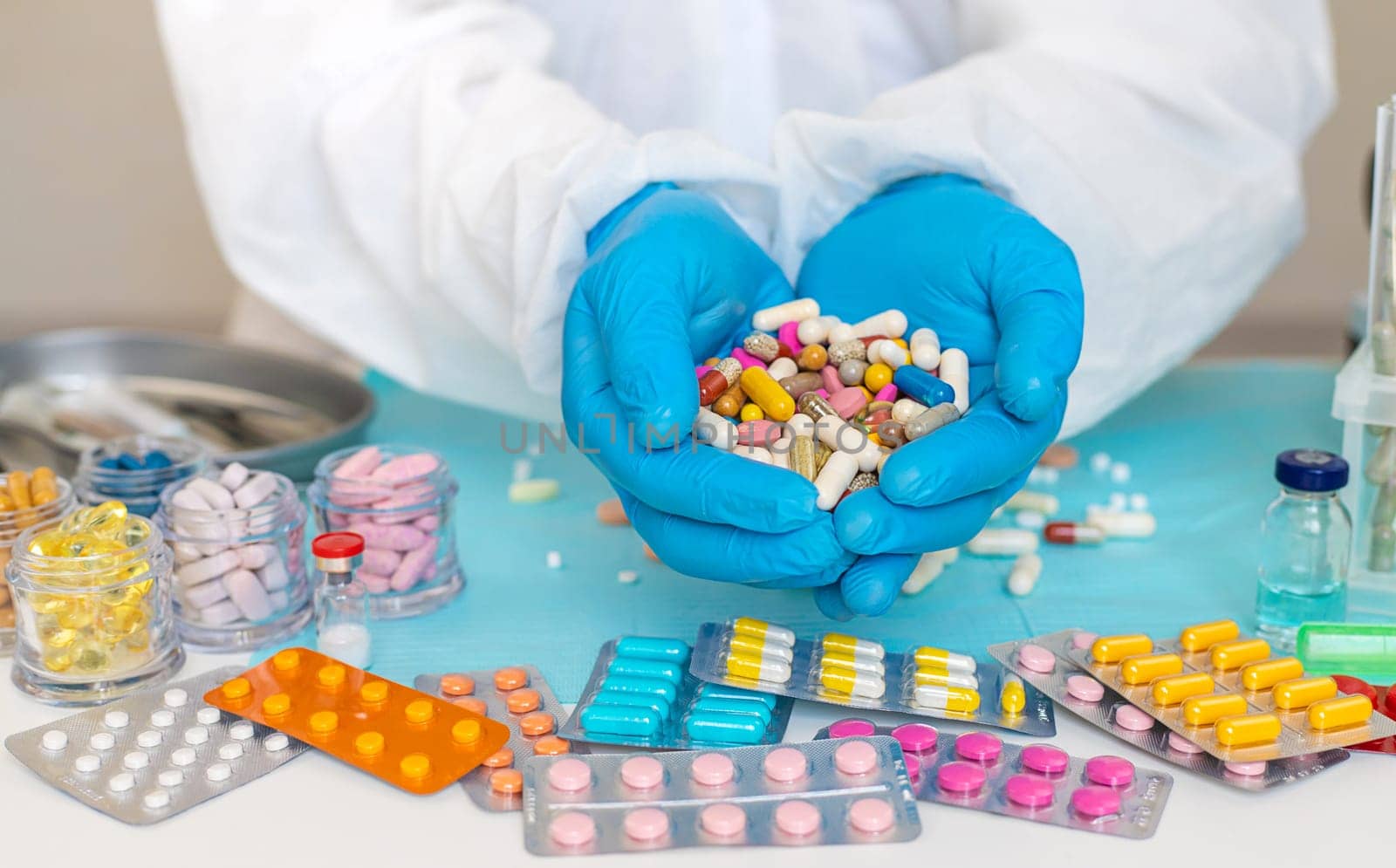 examine drugs in the laboratory. Selective focus. pills.