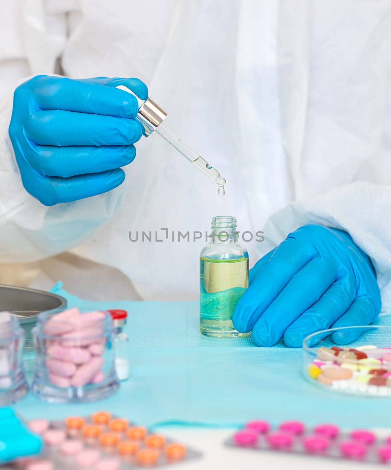 examine drugs in the laboratory. Selective focus. pills.