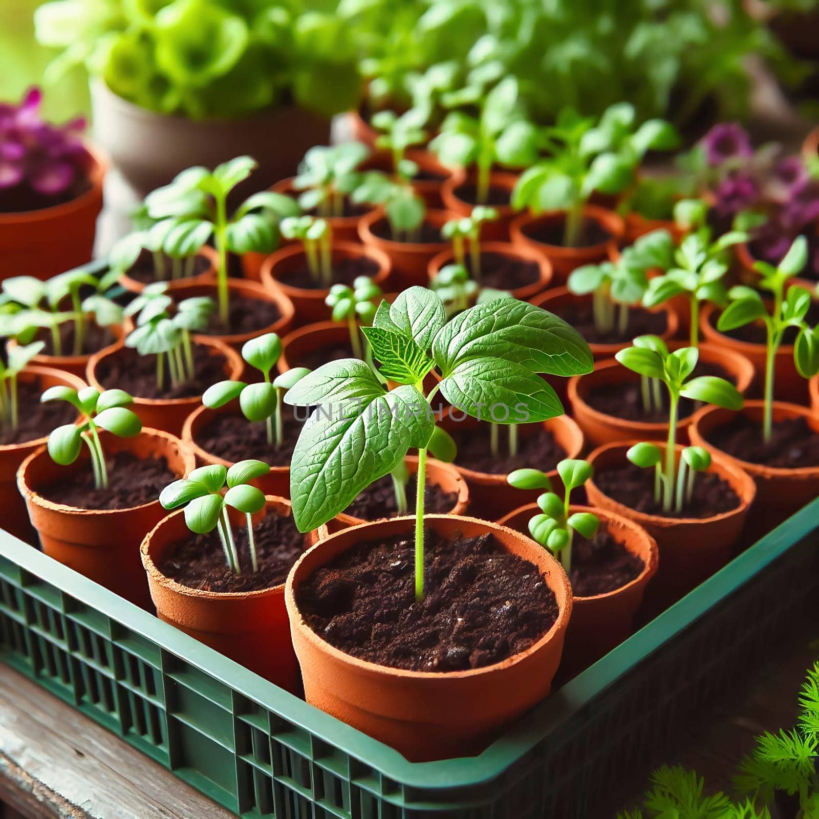 Young seedlings in terracotta pots, carefully arranged in a box. Fresh greenery under warm light - ideal for garden lovers and nature enthusiasts.