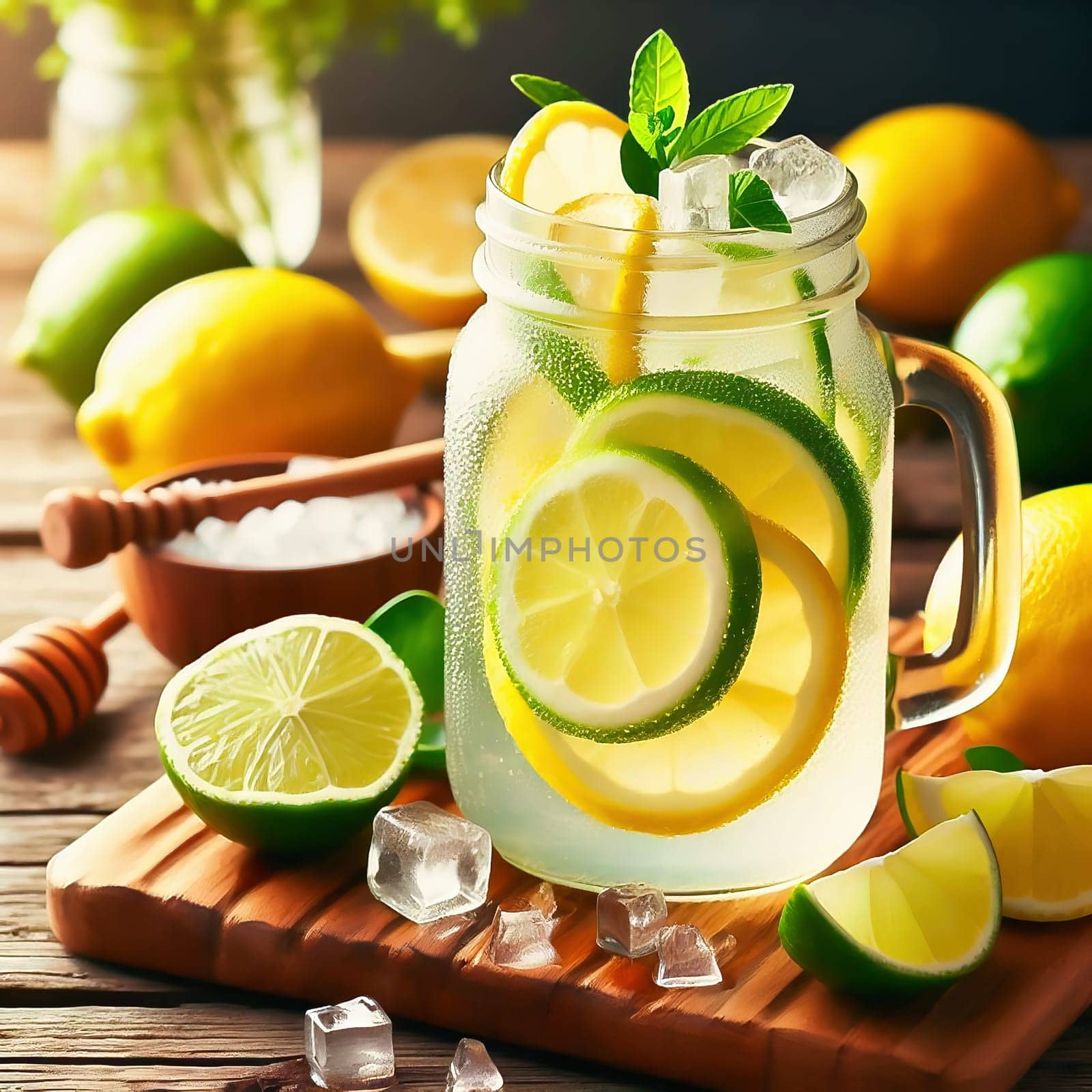 A refreshing glass with lemon and lime slices, mint leaves and a straw, framed by fresh fruit in a sunny garden.