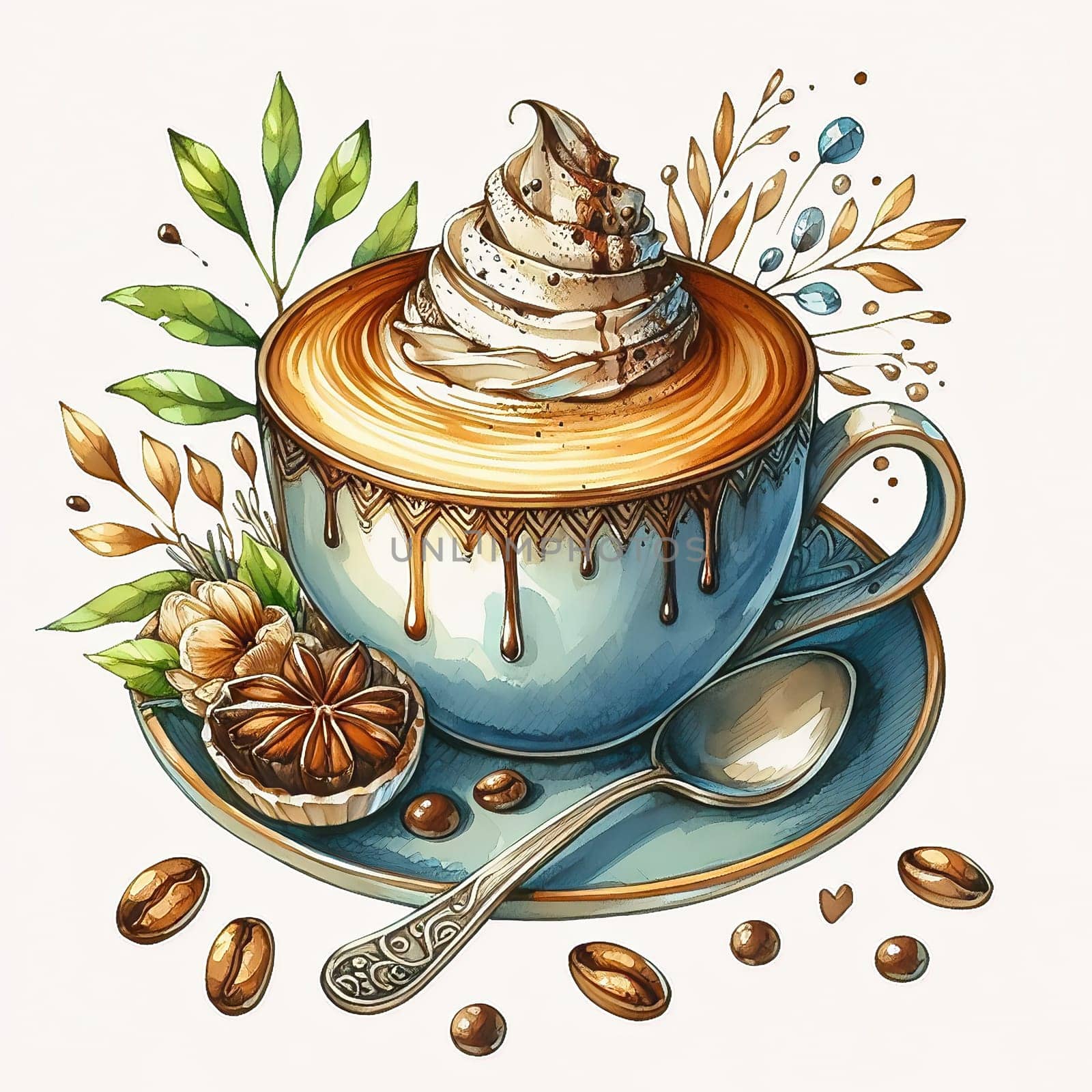 Detailed illustration of a cappuccino cup with heart latte art, served on plate, accompanied by coffee beans and spoon - ideal for coffee advertising.
