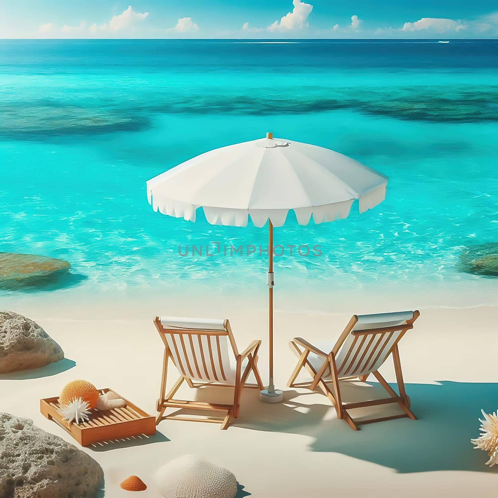 Idyllic beach picture: two deckchairs, parasol, turquoise sea and sand. Perfect for vacation and travel advertising.
