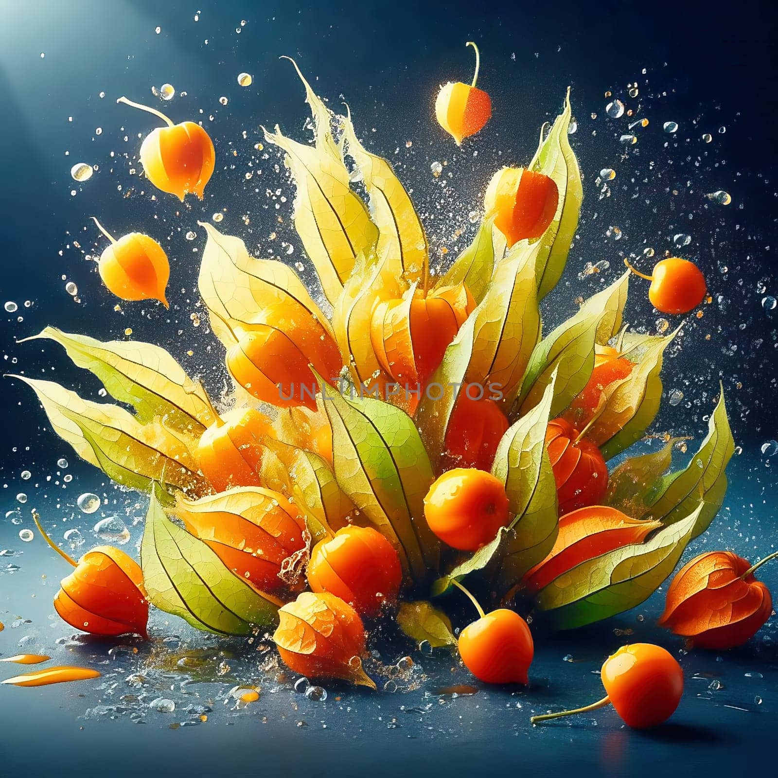 Physalis fruits with bright orange lanterns and green leaves, wrapped in drops of water. Dynamic, fresh, perfect for nature and food marketing.