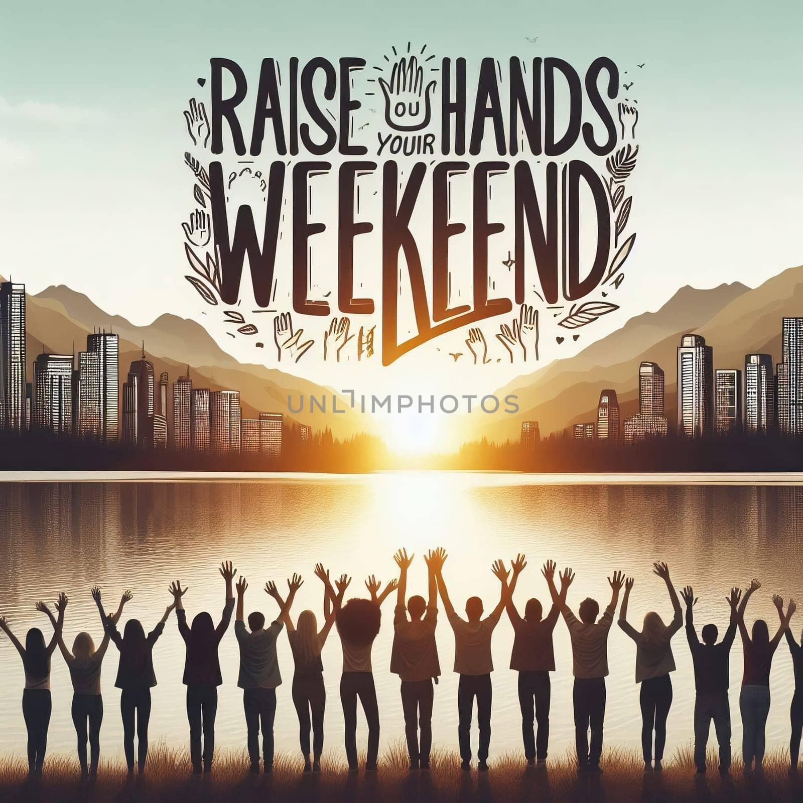 People in front of a lake raise their hands in anticipation of the weekend, while the sun sets behind a forest. Text: “RAISE YOUR HANDS, WEEKEND”. Atmospheric and motivating!