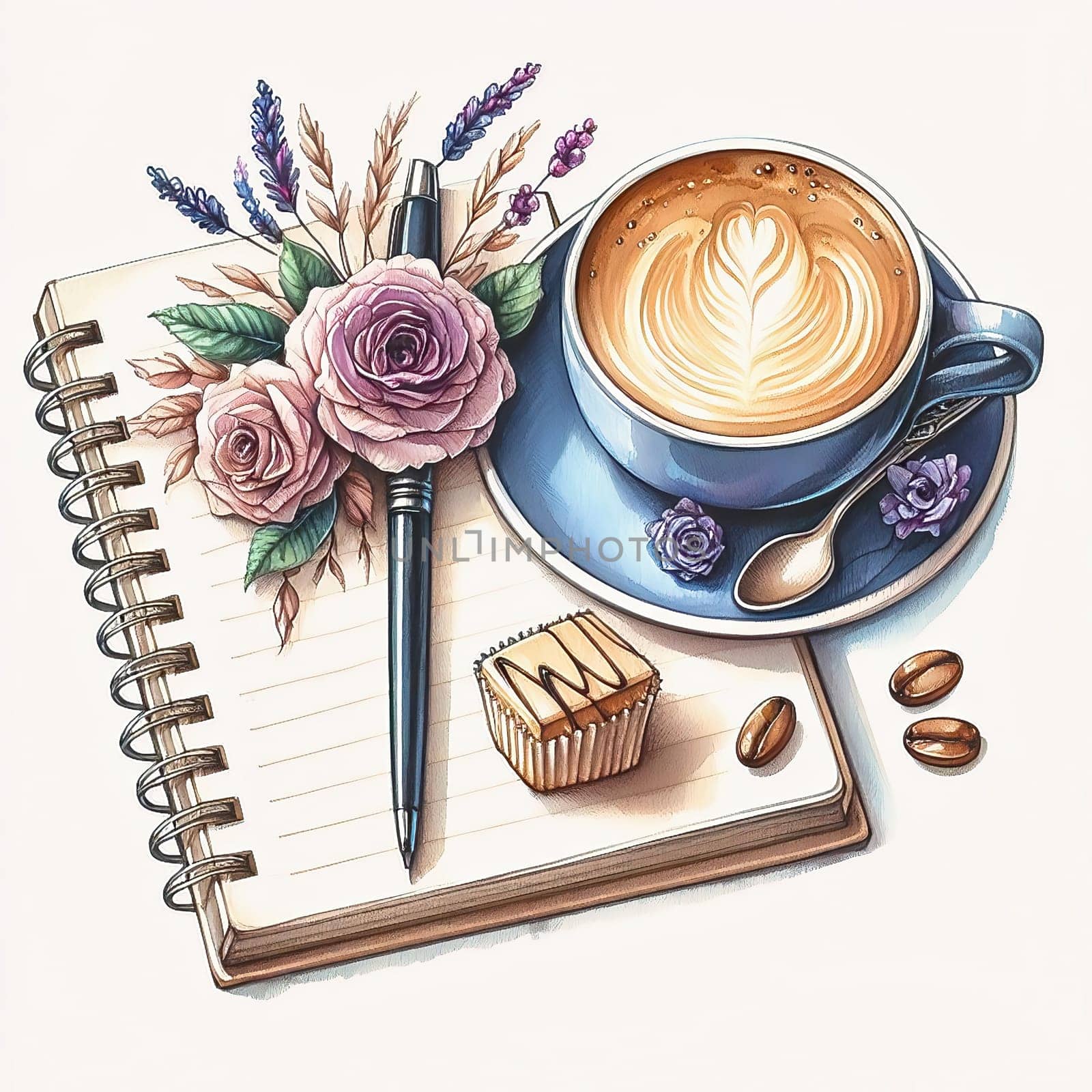 Detailed illustration of a cappuccino cup with heart latte art, served on plate, accompanied by coffee beans and spoon - ideal for coffee advertising.