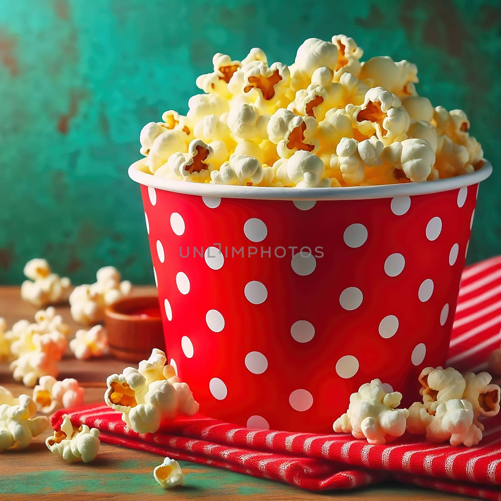 A classic red popcorn tub with white dots, filled to bursting with golden popcorn surrounded by scattered pieces, on a green background. Pure cinema feeling!