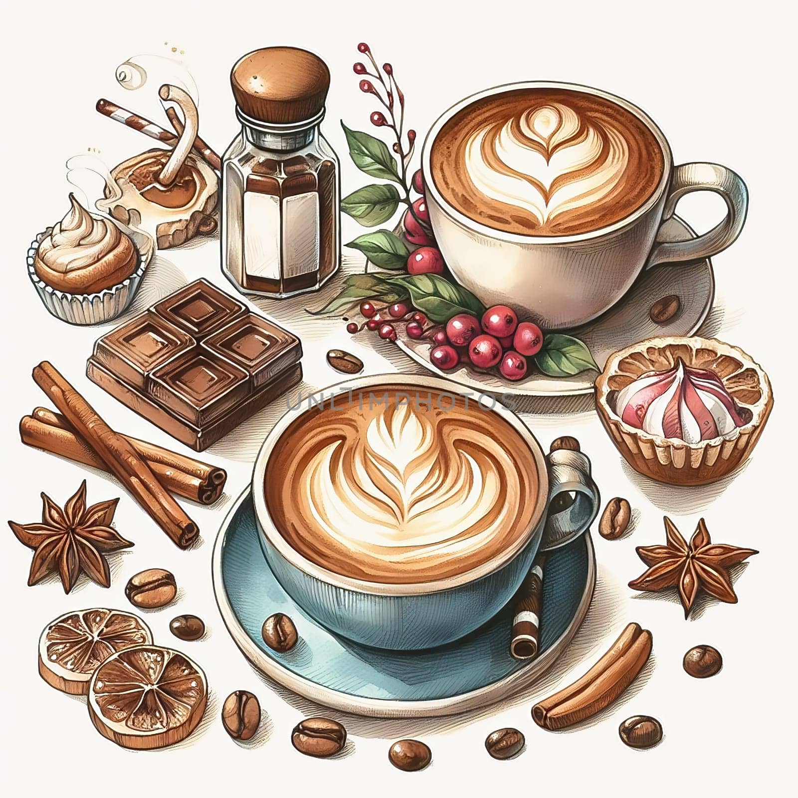 Detailed illustration of a cappuccino cup with heart latte art, served on plate, accompanied by coffee beans and spoon - ideal for coffee advertising.