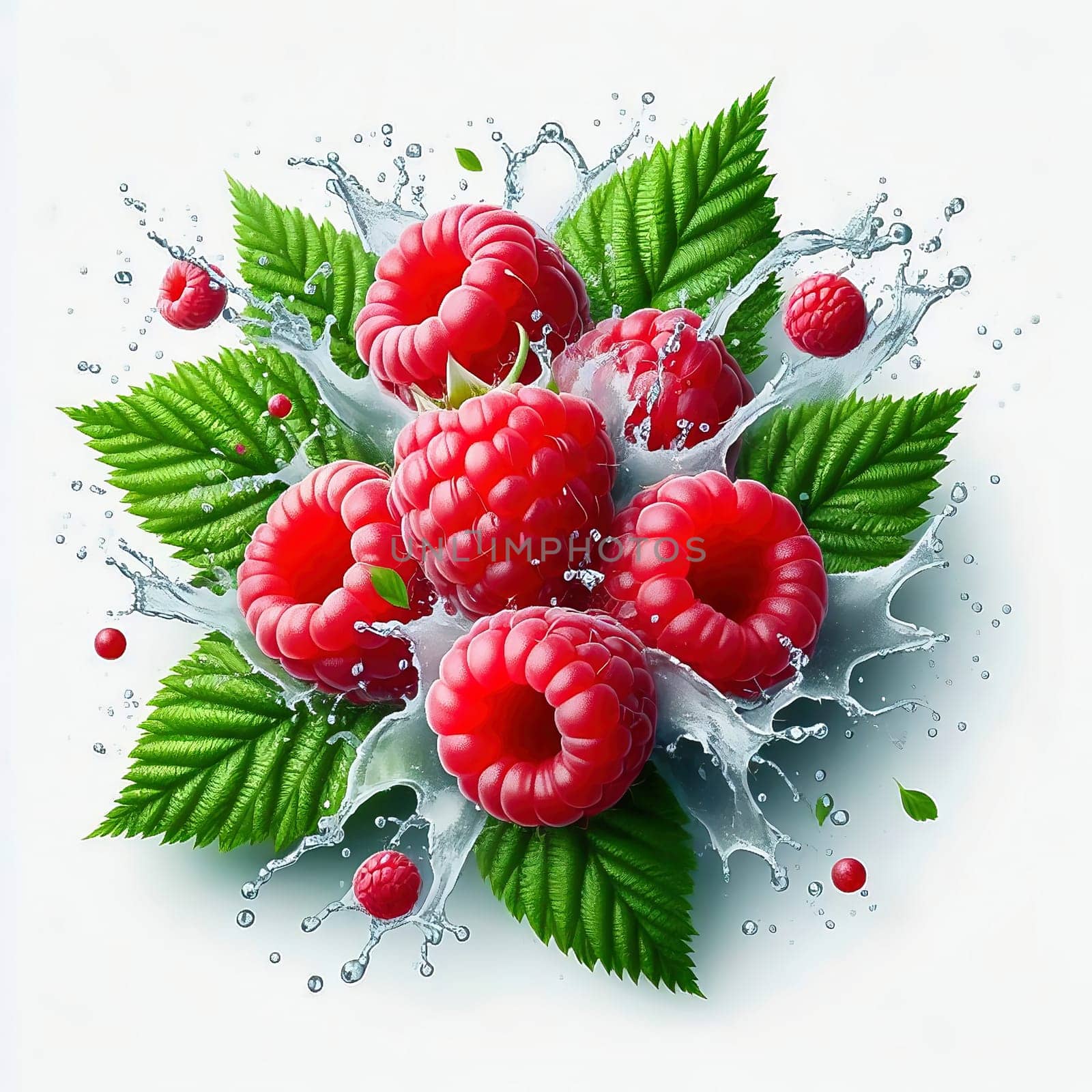 Fresh, juicy raspberries with green leaves, surrounded by splashing drops of water. Perfect for advertising or food marketing, lively, dynamic and appetizing.