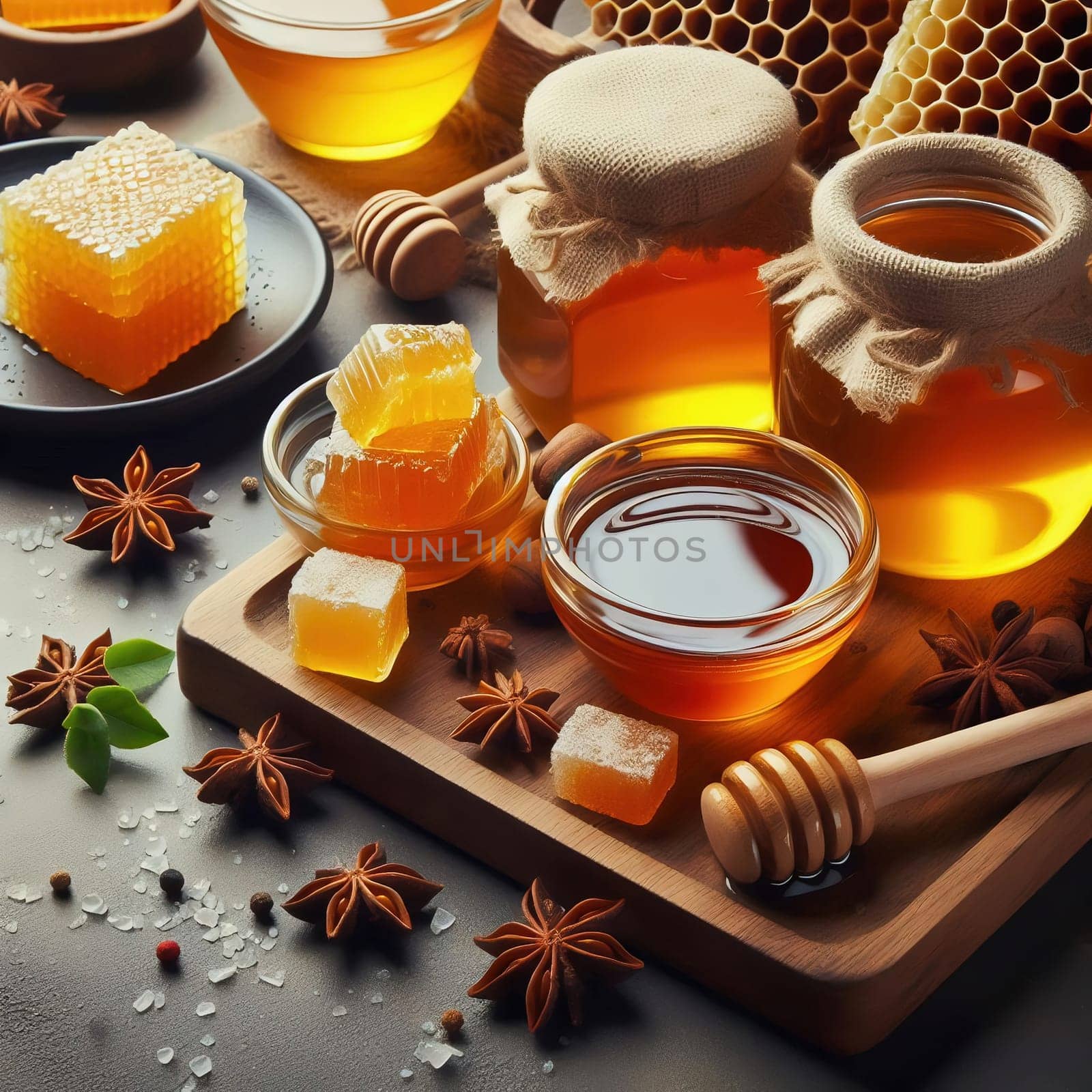 Various honey products, including jars of organic honey, honeycombs and honey spoons, arranged on a rustic wooden table. Perfect for promoting nature!