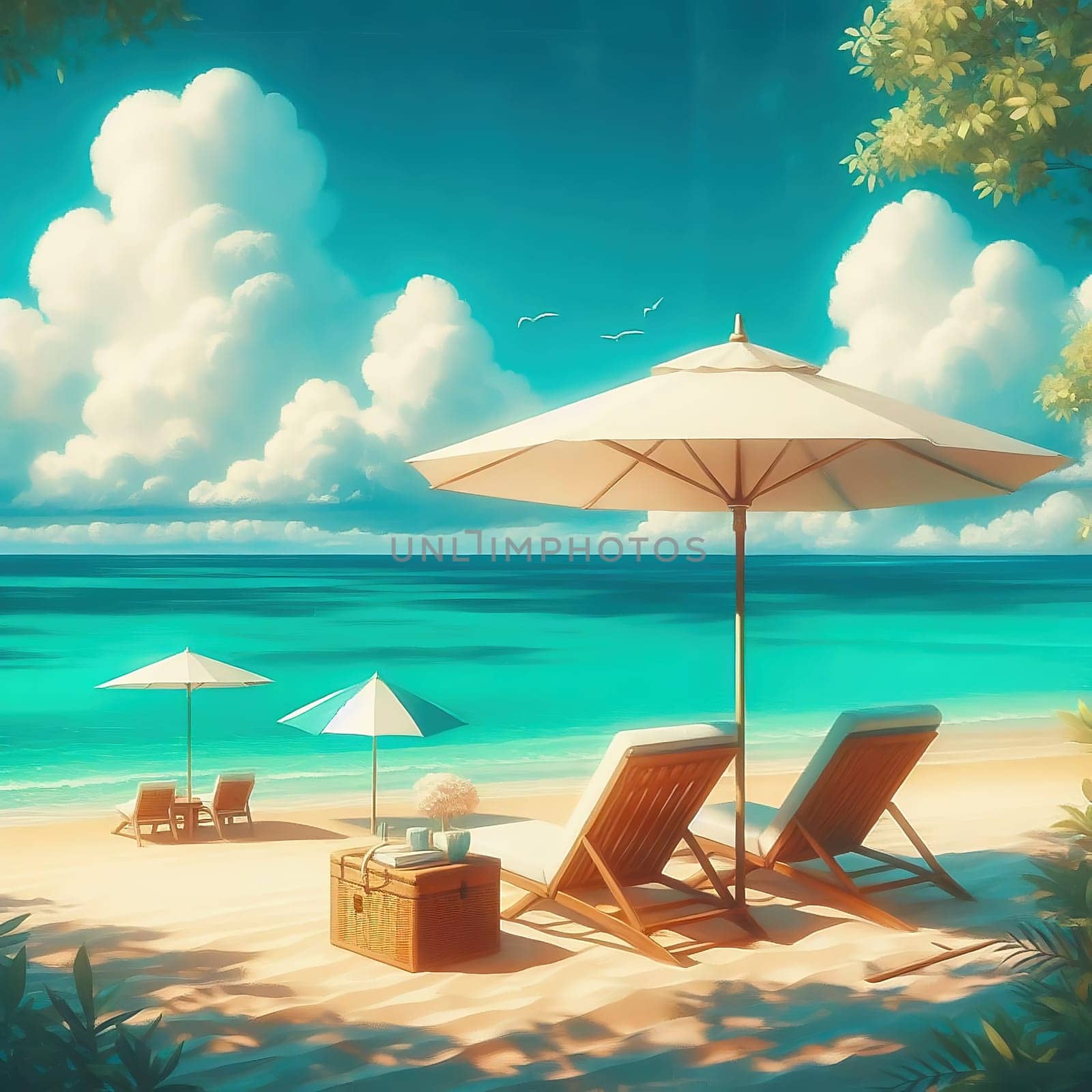 Idyllic beach picture: two deckchairs, parasol, turquoise sea and sand. Perfect for vacation and travel advertising.