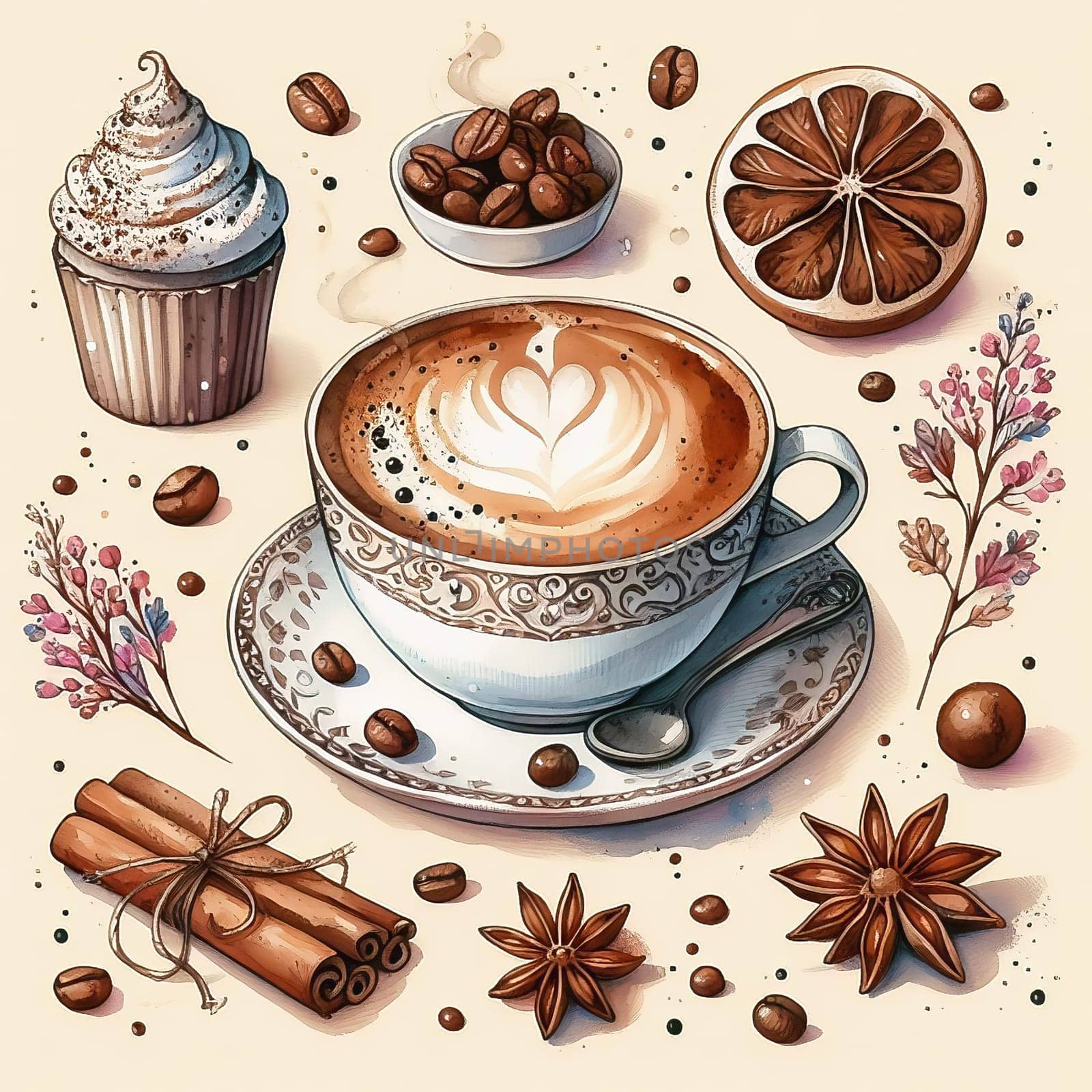 Detailed illustration of a cappuccino cup with heart latte art, served on plate, accompanied by coffee beans and spoon - ideal for coffee advertising.