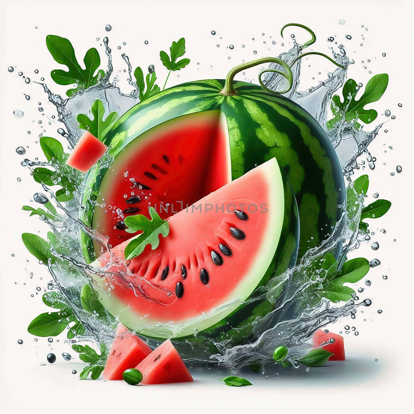 Fresh, juicy watermelon, cut in half and staged with splashing water and green leaves. Perfect for summer advertising or refreshing drinks.