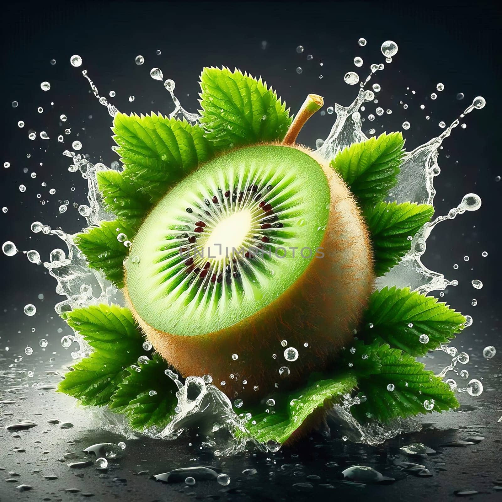 A juicy, green kiwi surrounded by splashing water and leaves. Dynamism and freshness make this image ideal for nature, food or wellness advertising.