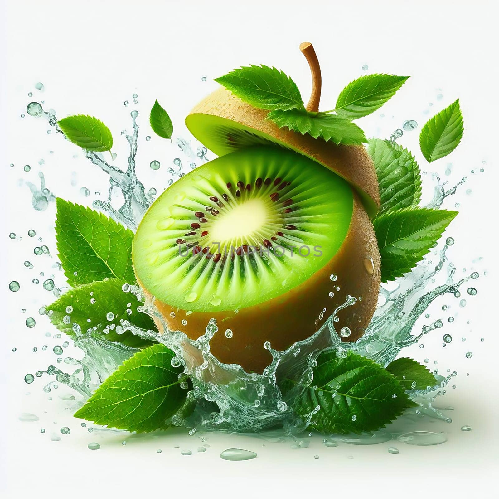 A juicy, green kiwi surrounded by splashing water and leaves. Dynamism and freshness make this image ideal for nature, food or wellness advertising.