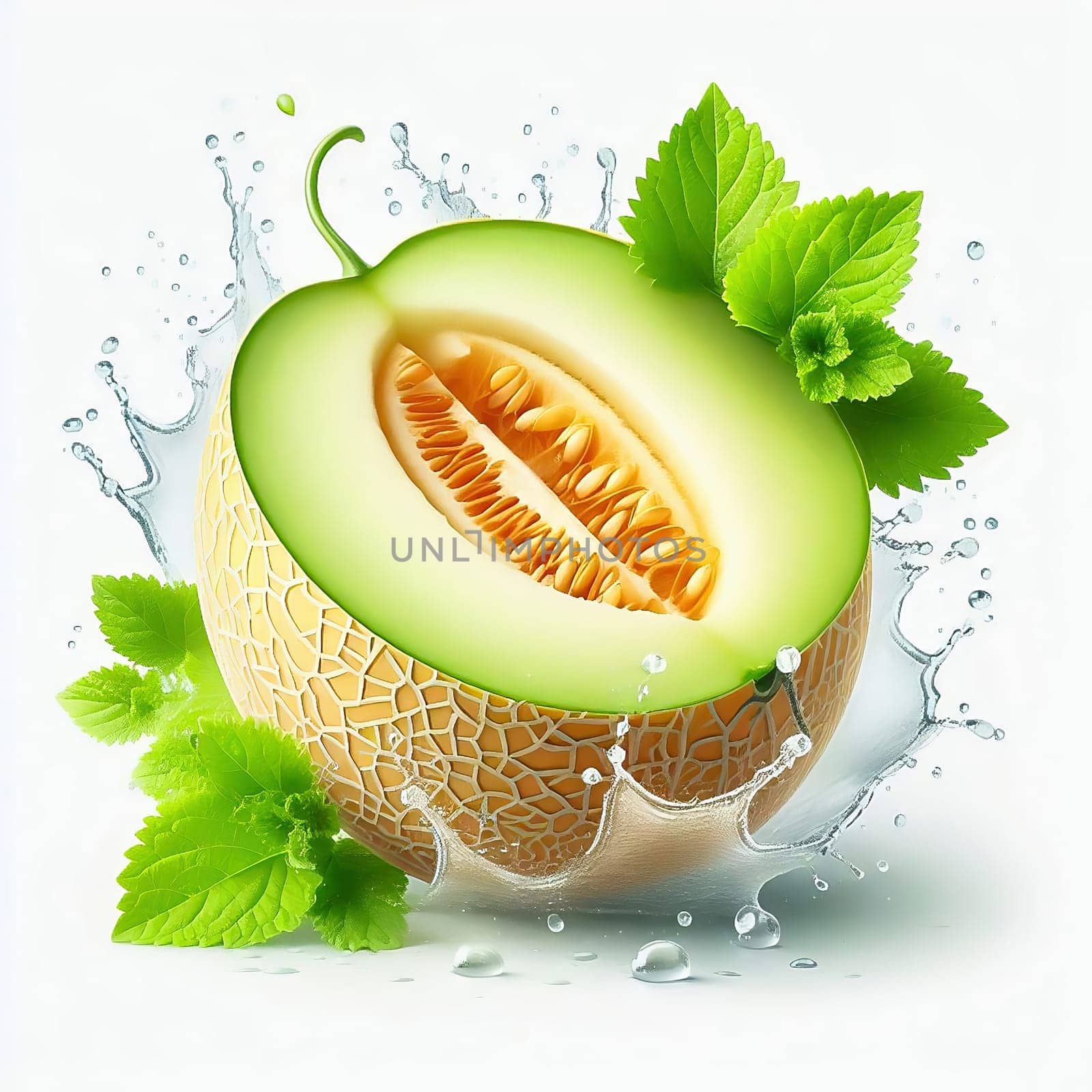 Fresh honeydew melon, surrounded by splashing water and juicy green leaves. Perfect for advertising campaigns on freshness, drinks and tropical indulgence.