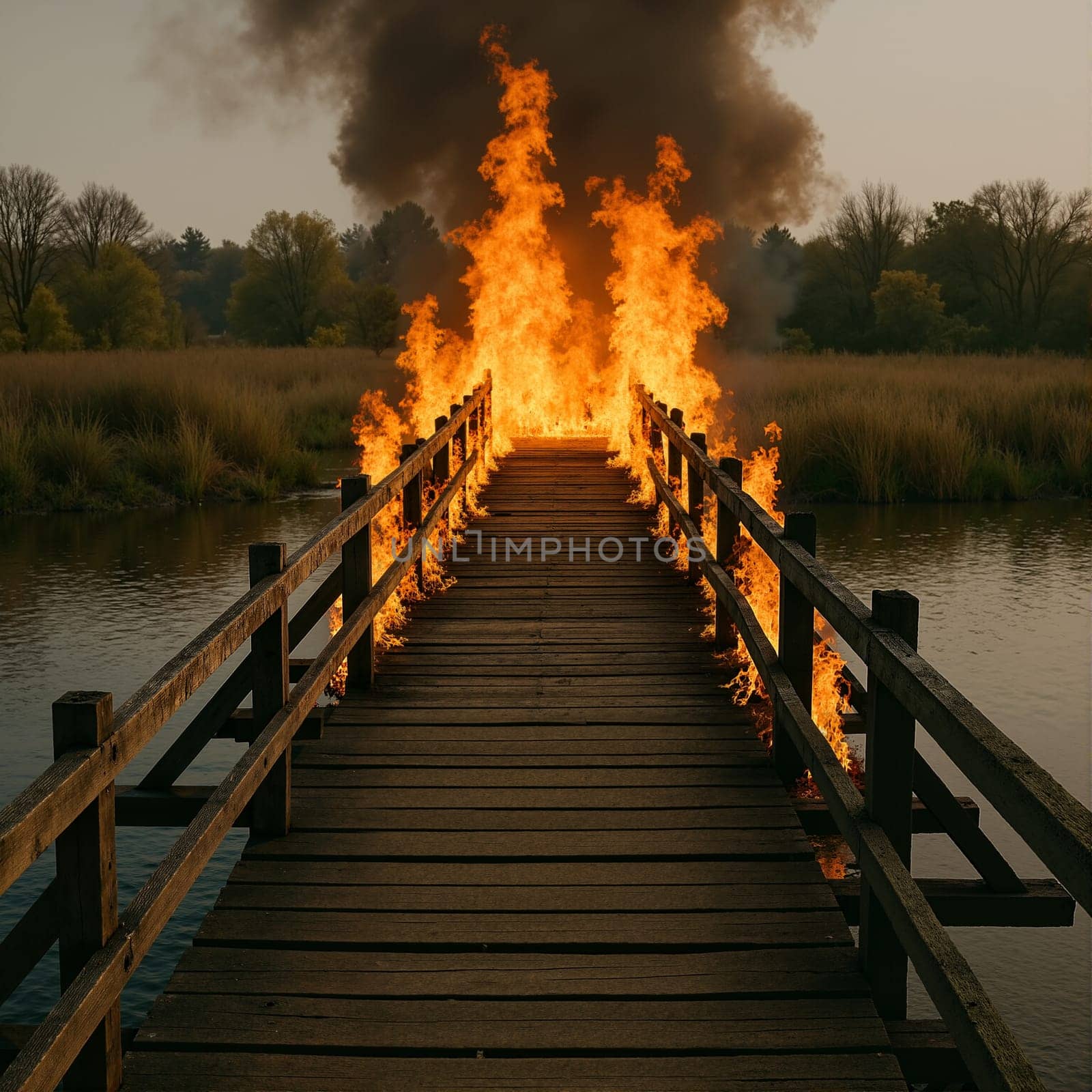 Wooden bridge on fire over water, AI generation. Burn bridges ideom