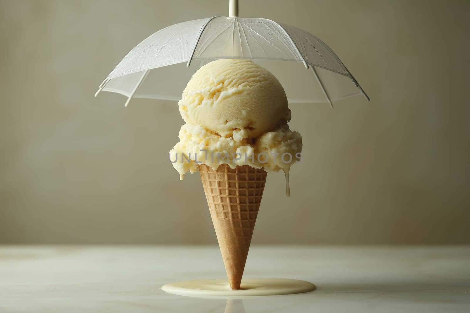 Delicious ice cream sits in a cone, dripping slightly on a marble surface. A tiny umbrella provides a whimsical touch, creating a playful dessert display indoors.