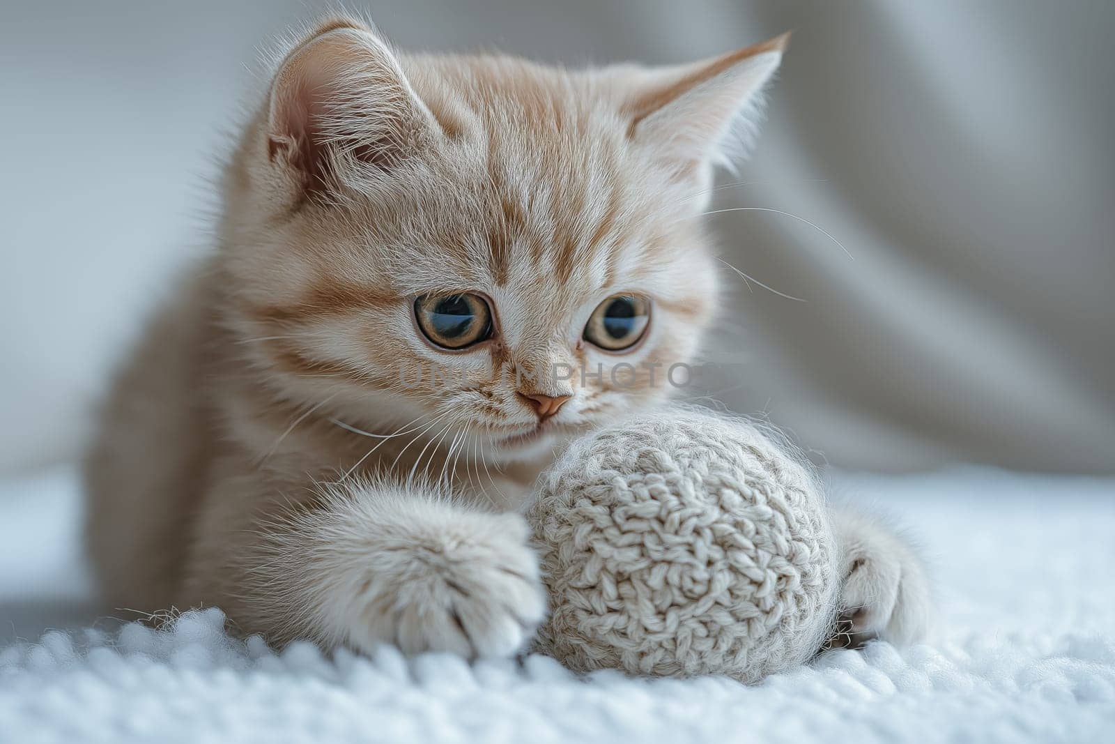 A young gray kitten with striking eyes is crouched down, intently reaching for a soft ball. The warm indoor environment adds a serene feel to the playful moment.