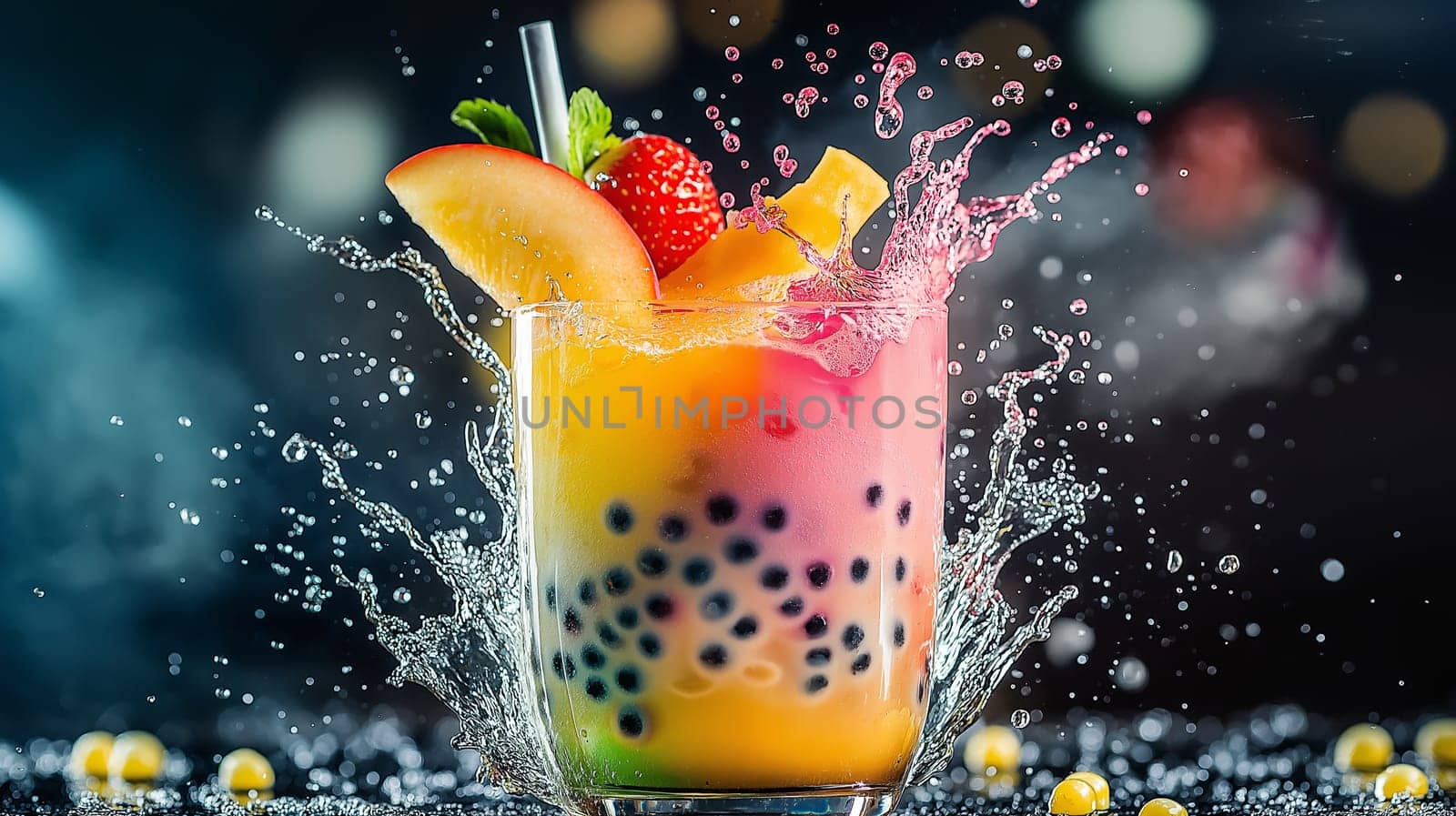 A glass of bubble tea exploding with color, tapioca pearls and fruit frozen mid-splash, ultra clean studio style