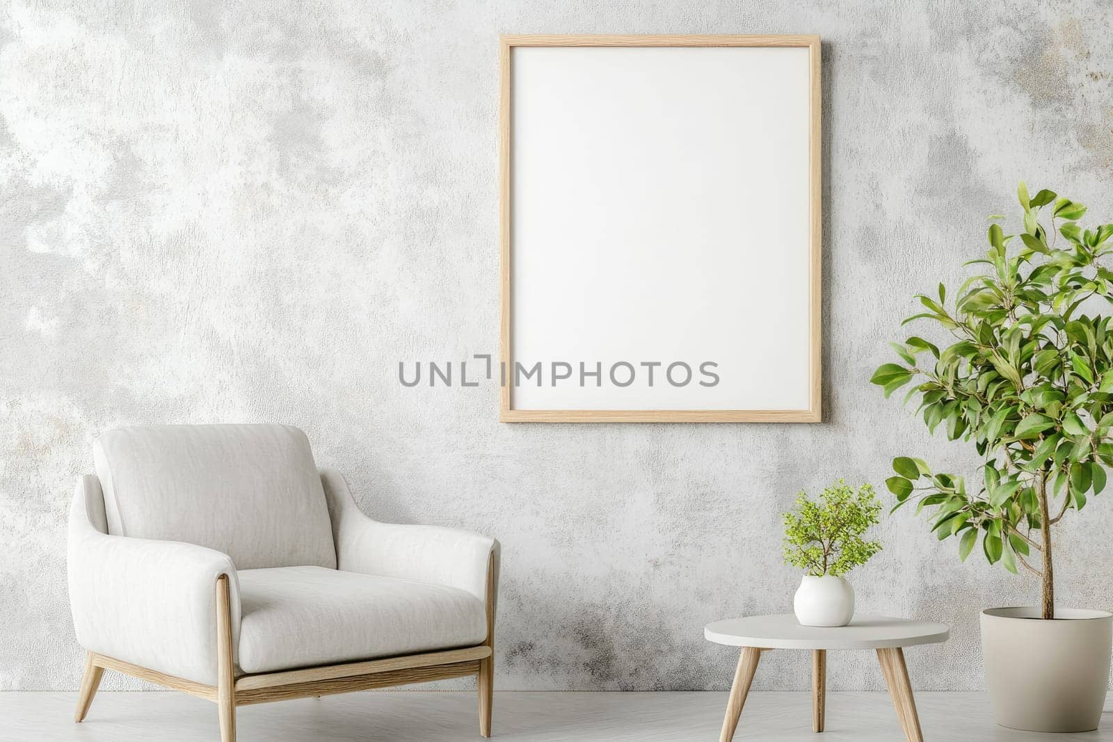 A blank poster in a wooden frame hangs on a textured gray wall adjacent to a contemporary armchair and small coffee table with a potted plant, illuminated by soft natural light.