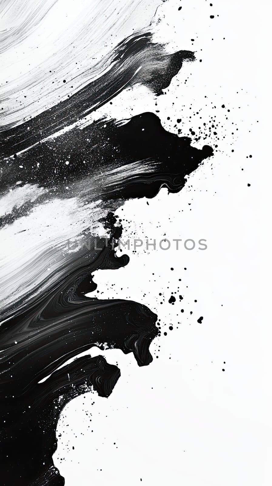 Dynamic lines and ink splash details converge in a minimalist black and white design. This composition evokes modern artistry while offering a sleek backdrop for creative projects.