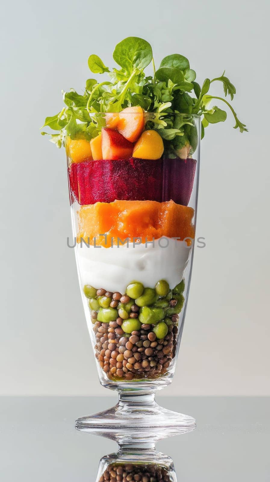 A vertical glass displays a deconstructed salad with layers of beet, lentils, baby spinach, and yogurt foam. Gentle lighting highlights the colors and textures.