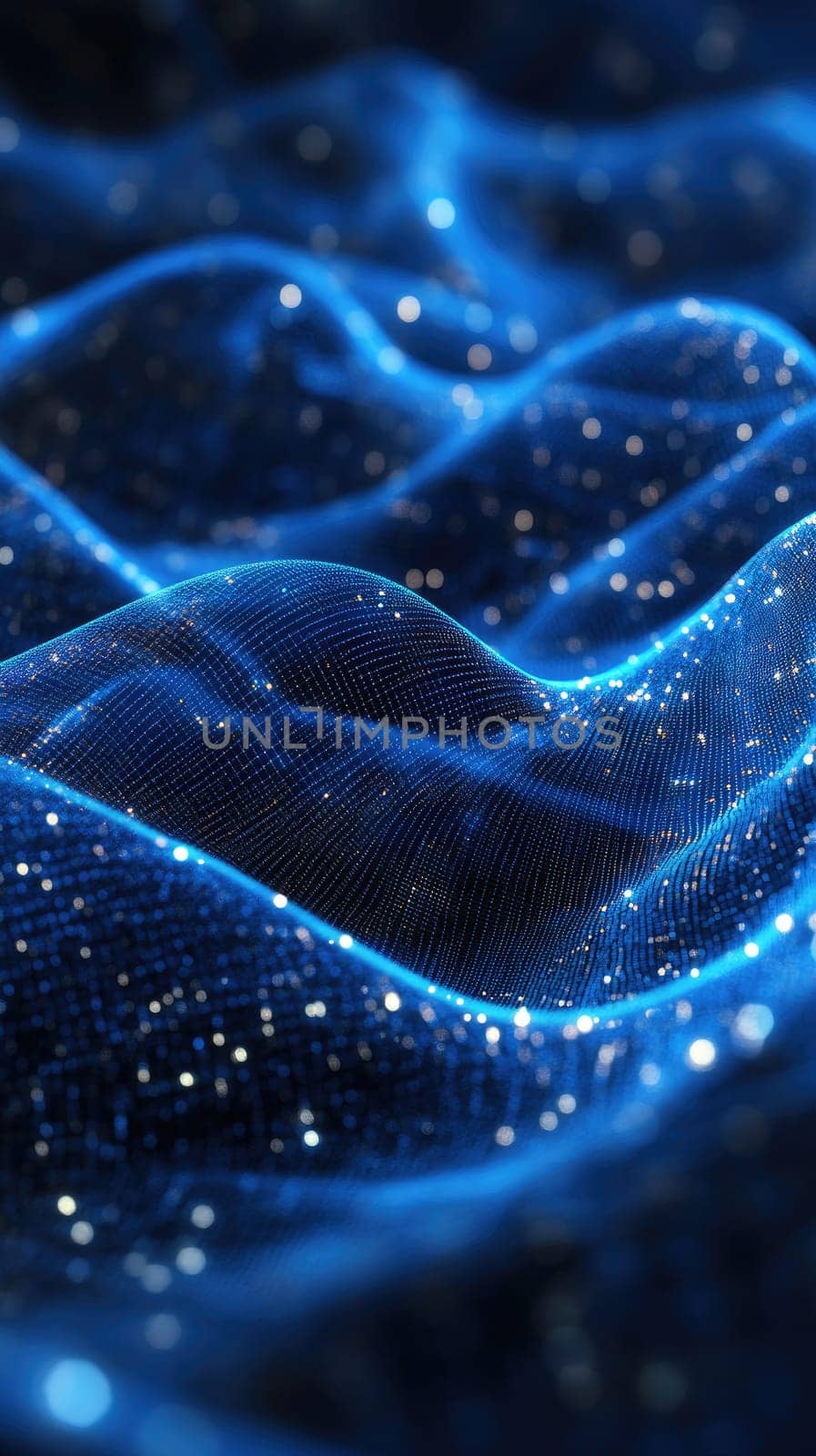 This design features deep blue abstract lines intertwined with glowing wireframe structures. Neon accents create a high-tech feel, showcasing a digital grid effect that is sleek and modern.
