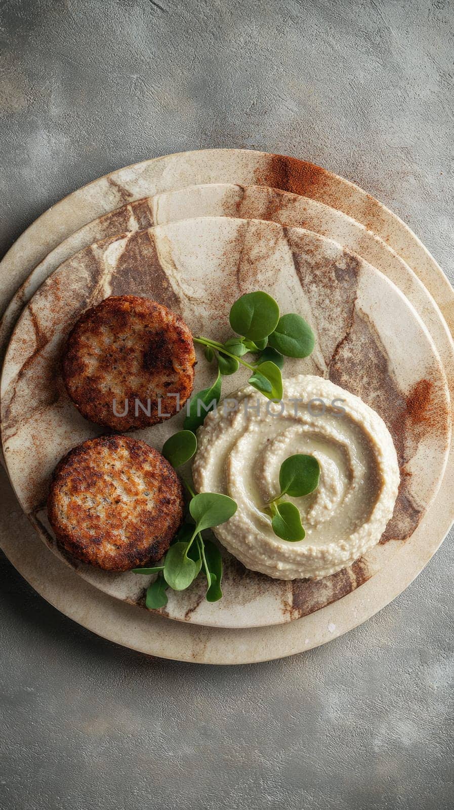 On a textured concrete slab, a delightful arrangement of hummus, falafel, and microgreens is displayed. Swirls of tahini add an artistic touch, while spices create an inviting atmosphere.