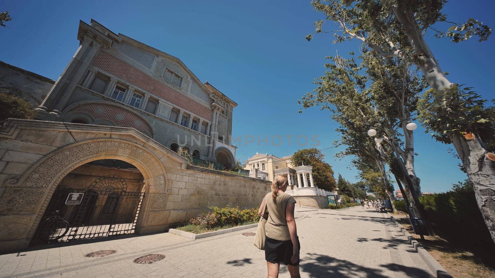 Cobblestone streets and historic architecture create a picturesque scene in gurzuf, a resort town on the crimean coast of the black sea