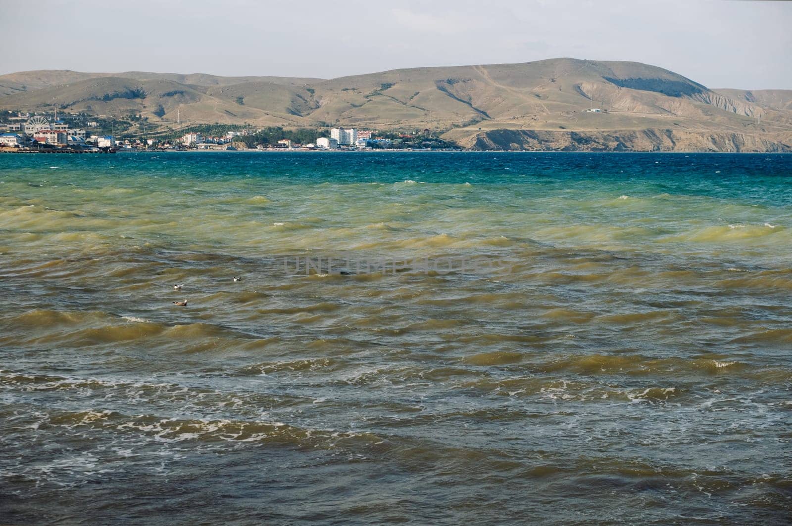 Koktebel bay waters showing signs of blooming algae with distant cityscape and bare mountains in Crimea, Russia
