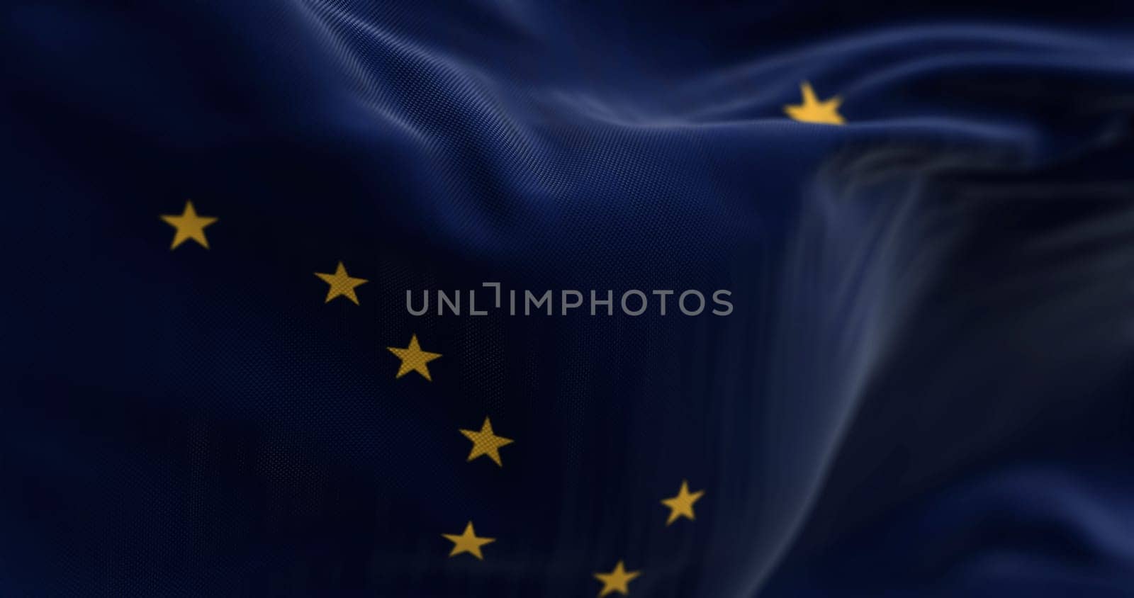 3D render of the Alaska state flag with Big Dipper constellation and Polaris, symbol of identity, patriotism, and unity. Rendered in realistic textile motion.