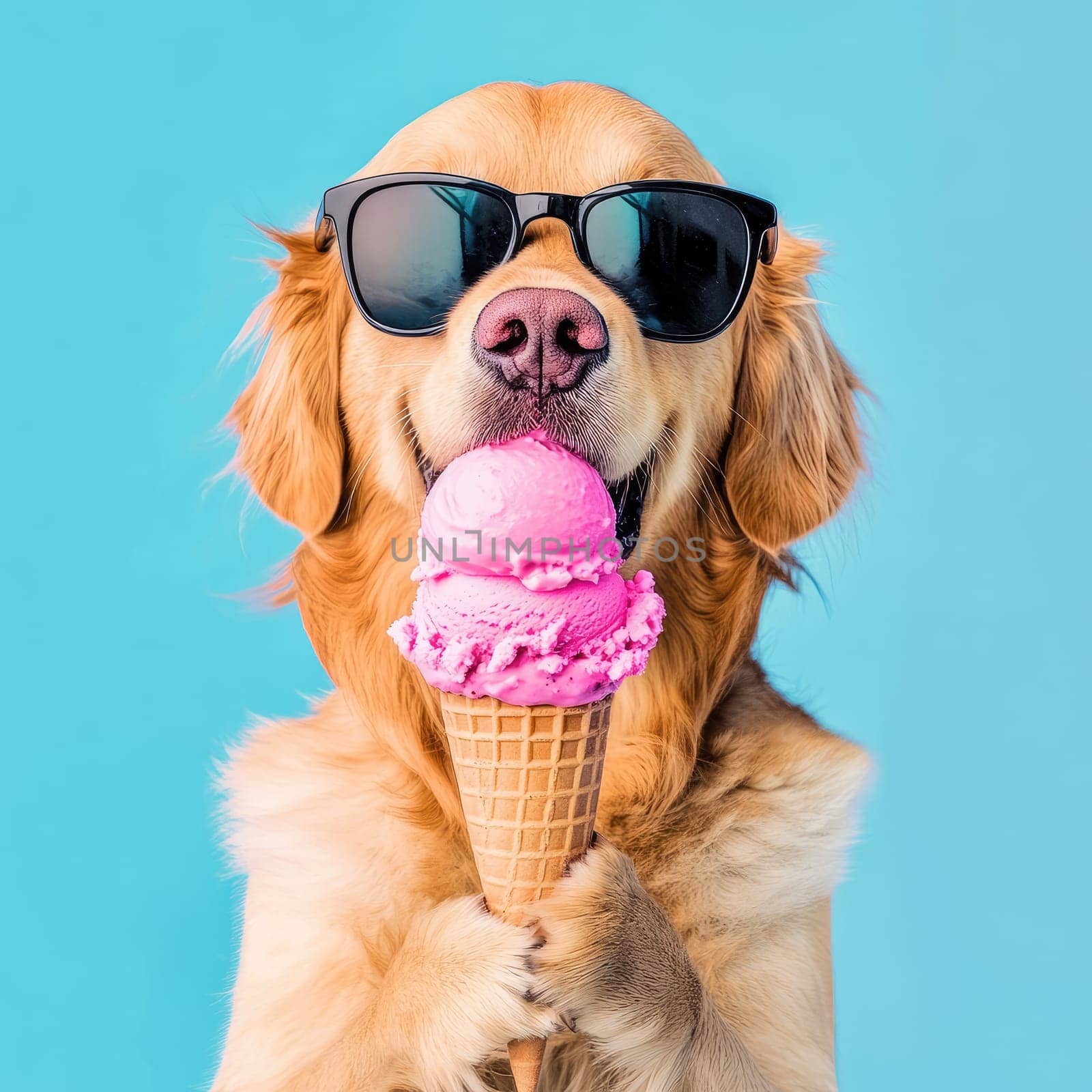 A golden retriever in stylish sunglasses holds an ice cream cone with pink ice cream, displaying a serious expression. The dog looks straight at the camera against a light blue background.