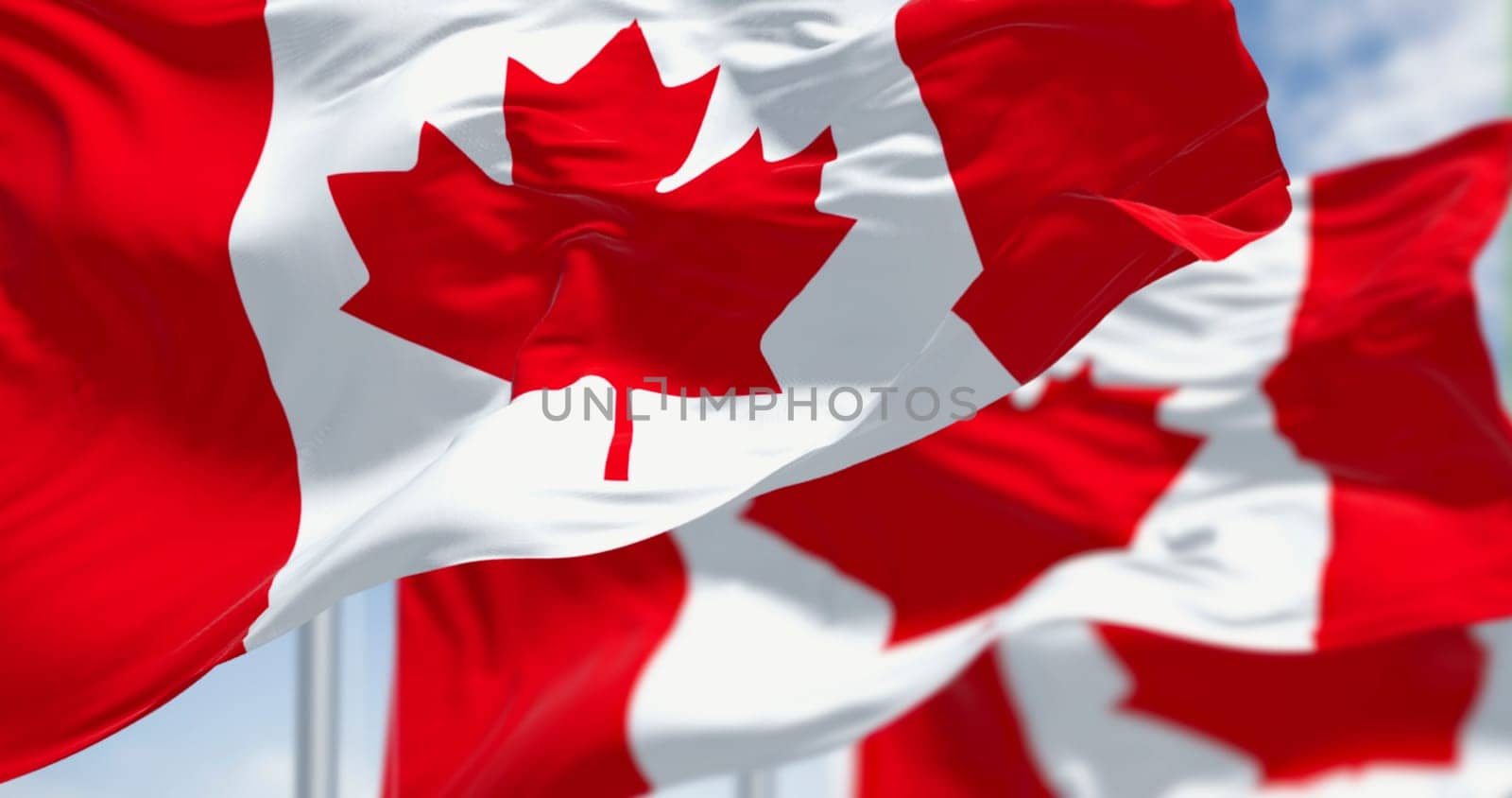 3D render of the Canadian flag with red maple leaf fluttering in the wind, symbol of pride, identity and patriotism. National flag of Canada.