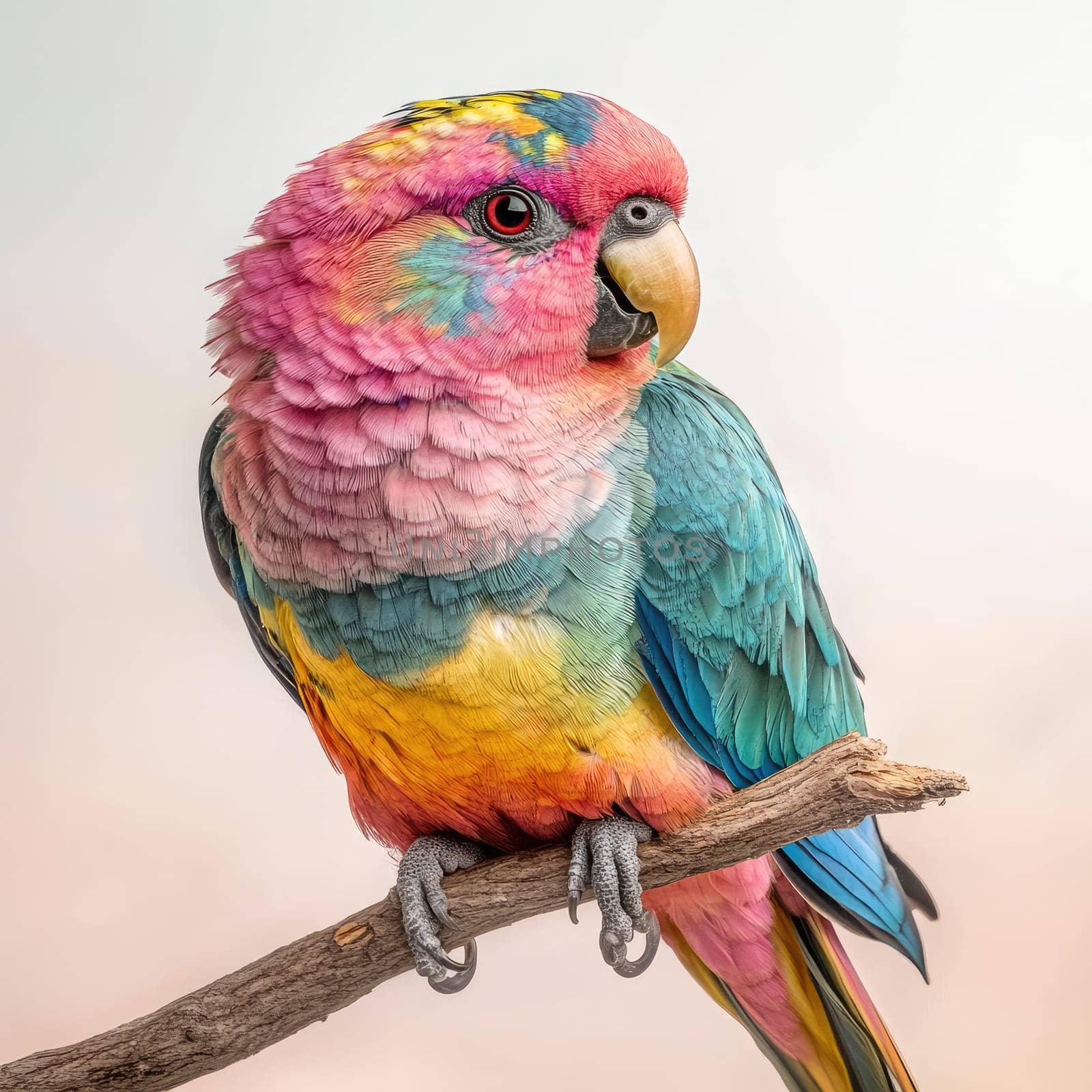 A vibrant parrot displays a mix of pink, blue, and yellow feathers while perched on a branch. The bird's focused expression stands out against the clean, white backdrop, highlighting its colors.