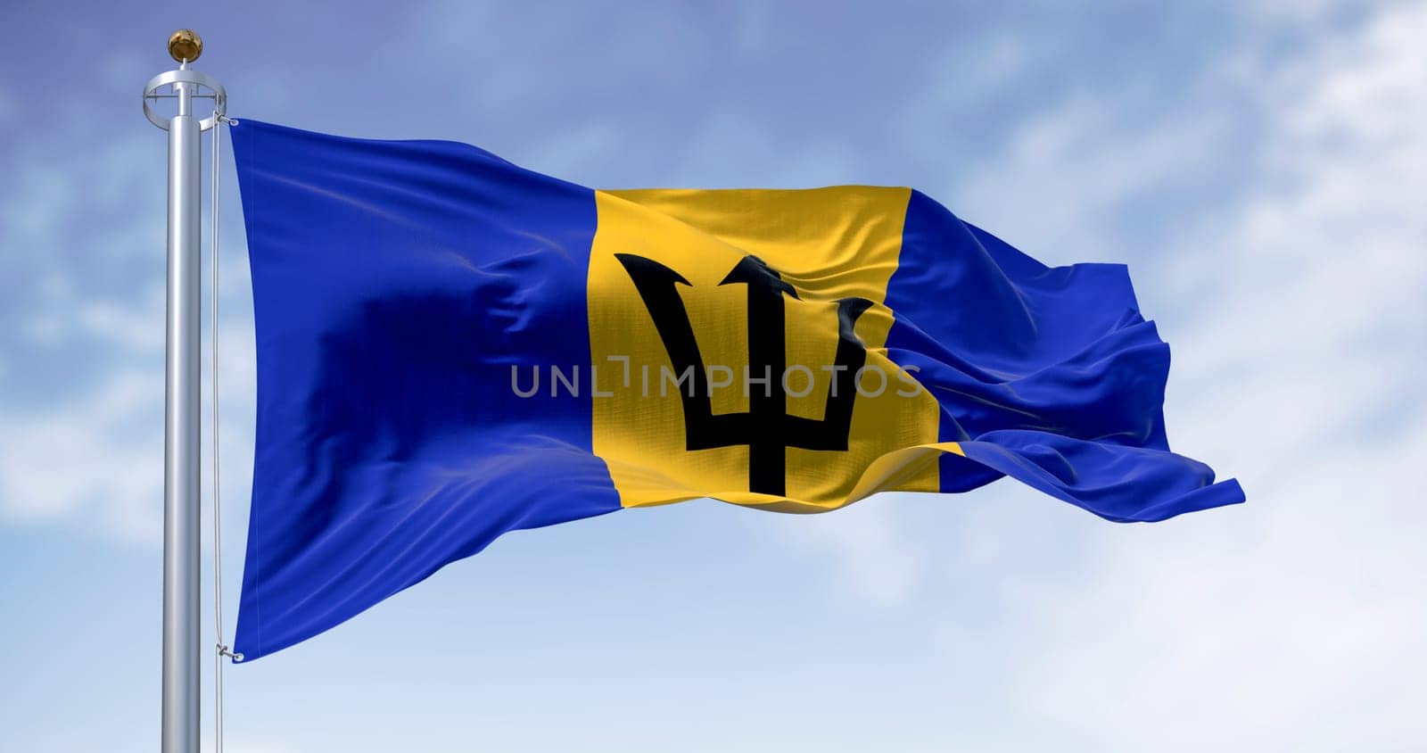 3D render of Barbados flag with the Broken Trident, a national symbol of pride, independence, and Caribbean identity. Blue sky and realistic fabric motion.