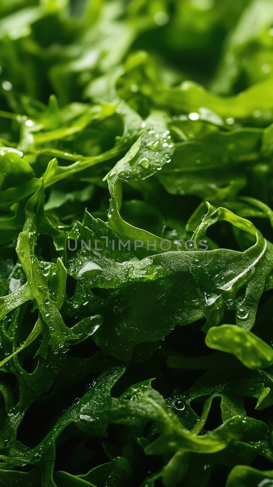 Close-up view showcases the rich textures and colors of leafy greens, enhanced by citrus spritz.