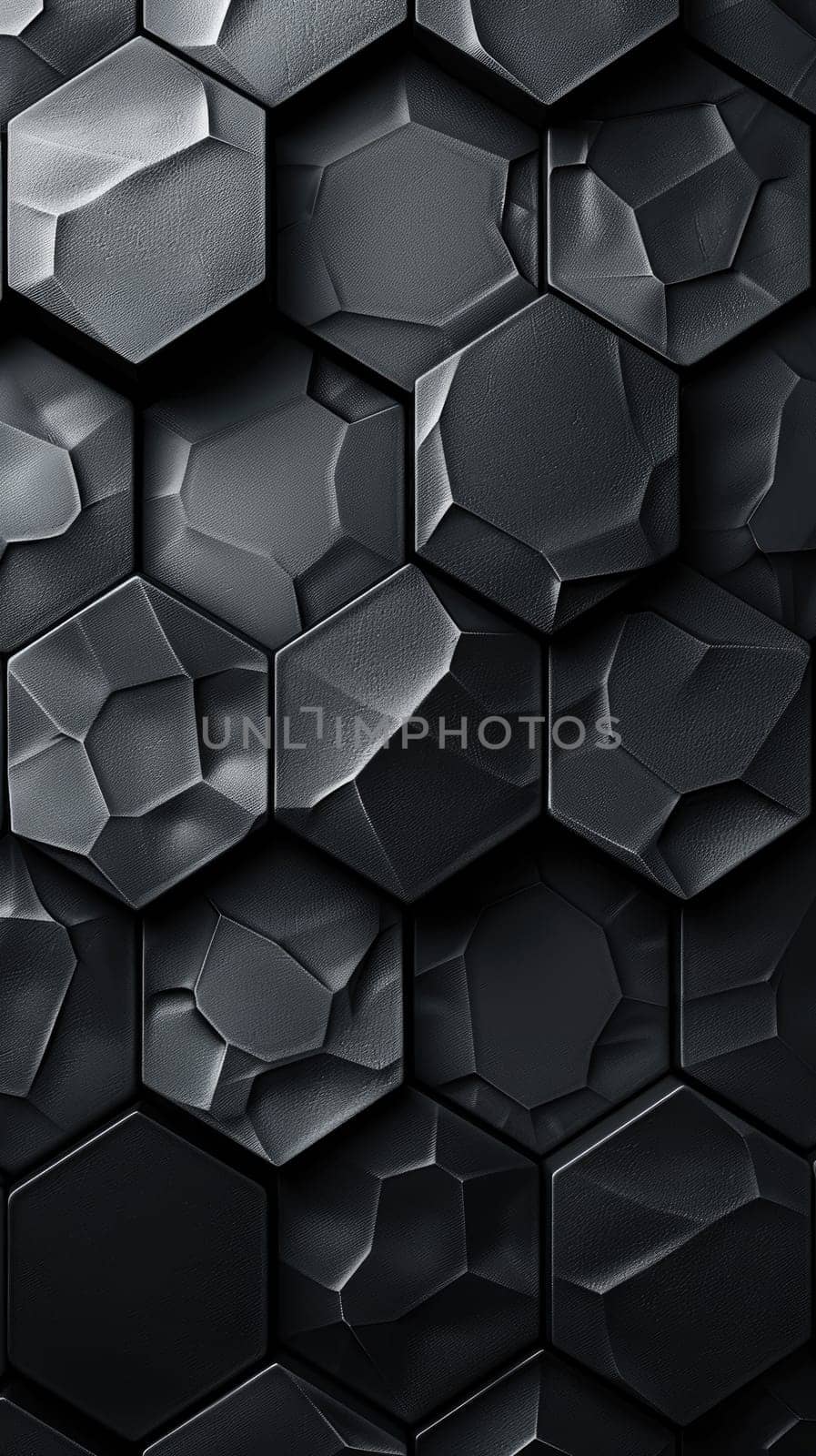A striking abstract background features a hexagonal pattern with ultra-detailed textures and soft shadows.