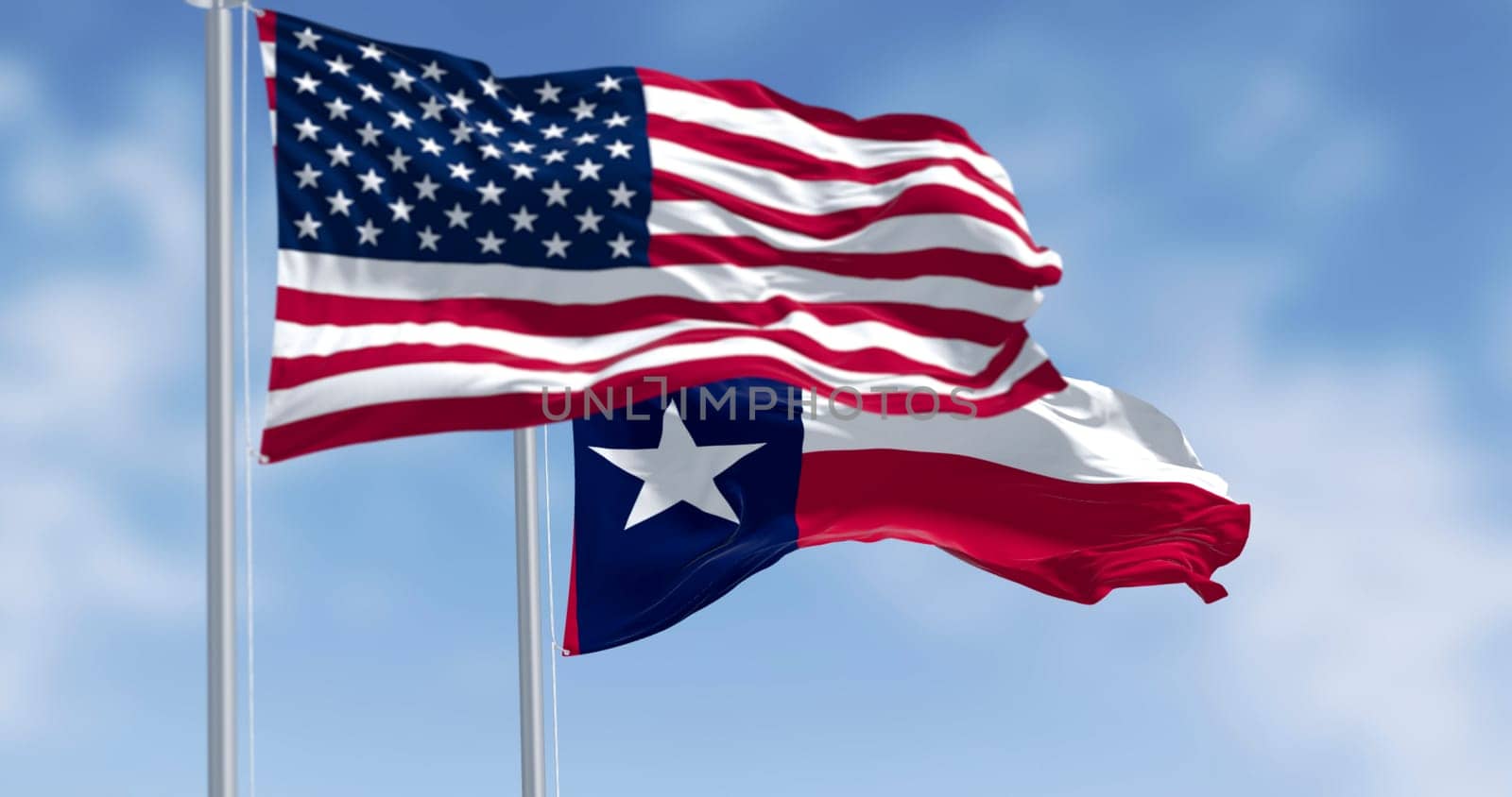 3D render of Texas state flag and American flag fluttering side by side, symbolizing patriotism, freedom, and unity in the United States.