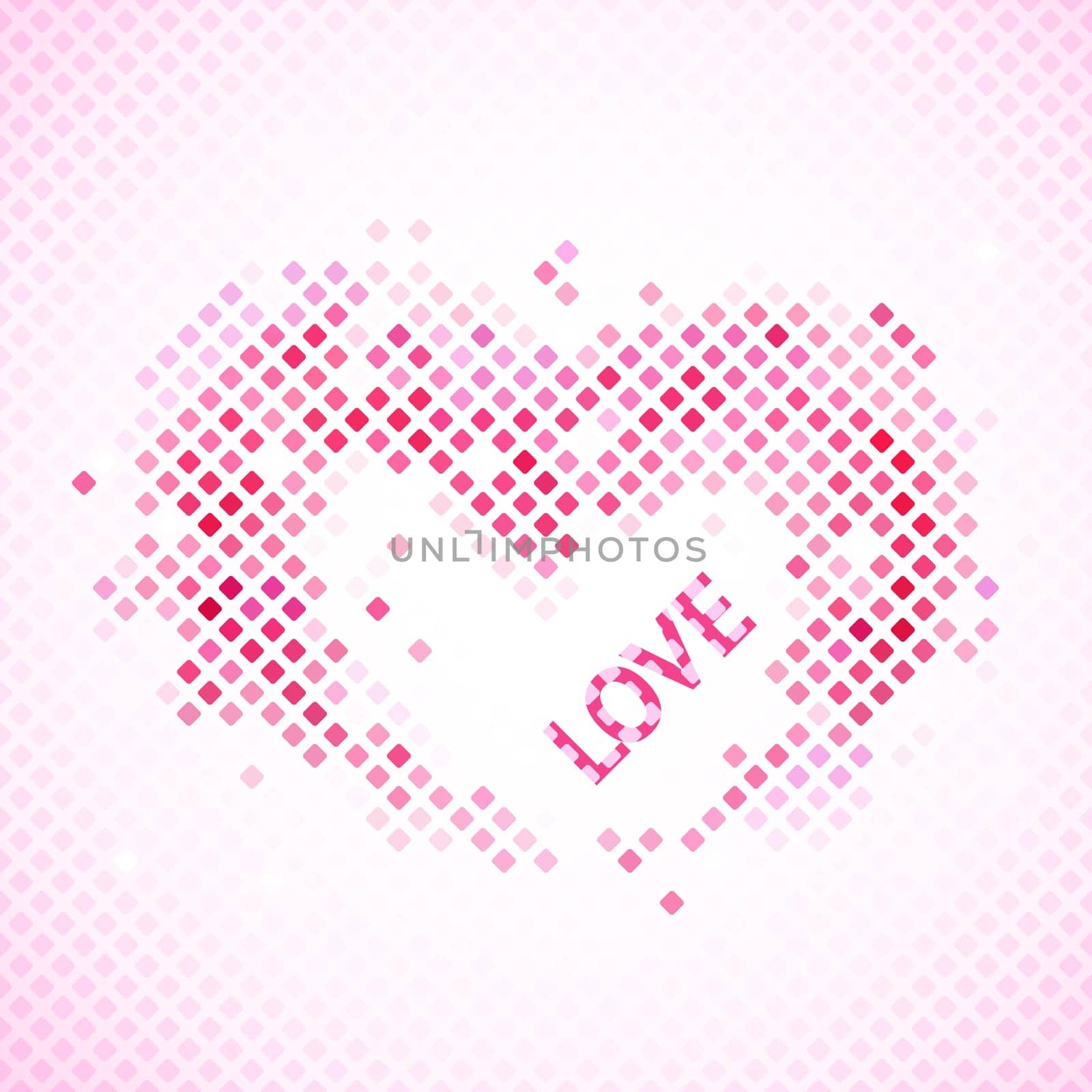 Abstract romantic background with heart and love. Vector illustration for Valentine's day. Enchanting picture for your lovely design. Pink and red colors. Pixel mosaic. Bright, simple and cheerful.