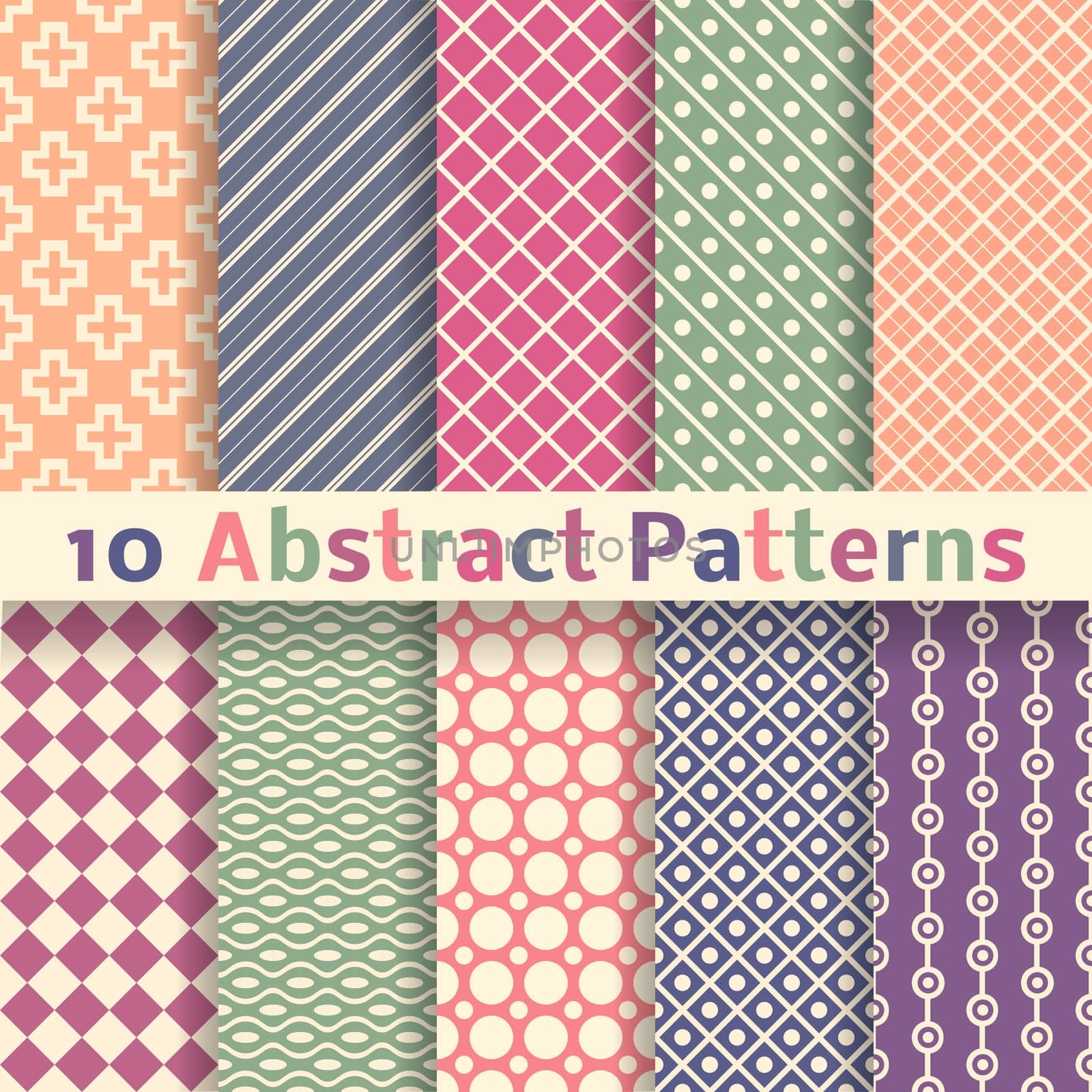 10 Retro abstract vector seamless patterns (tiling). Endless texture can be used for wallpaper, pattern fills, web page background, surface textures. Set of pastel monochrome geometric ornaments.