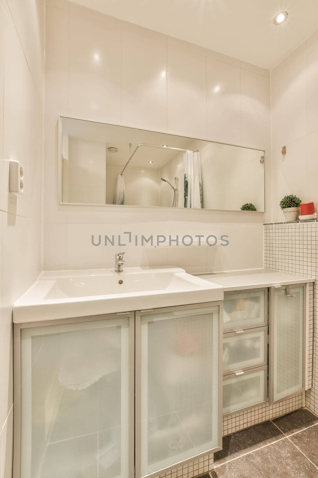 a bathroom with two sinks and a mirror on the wall behind it is a plant in a red vase sitting next to the sink