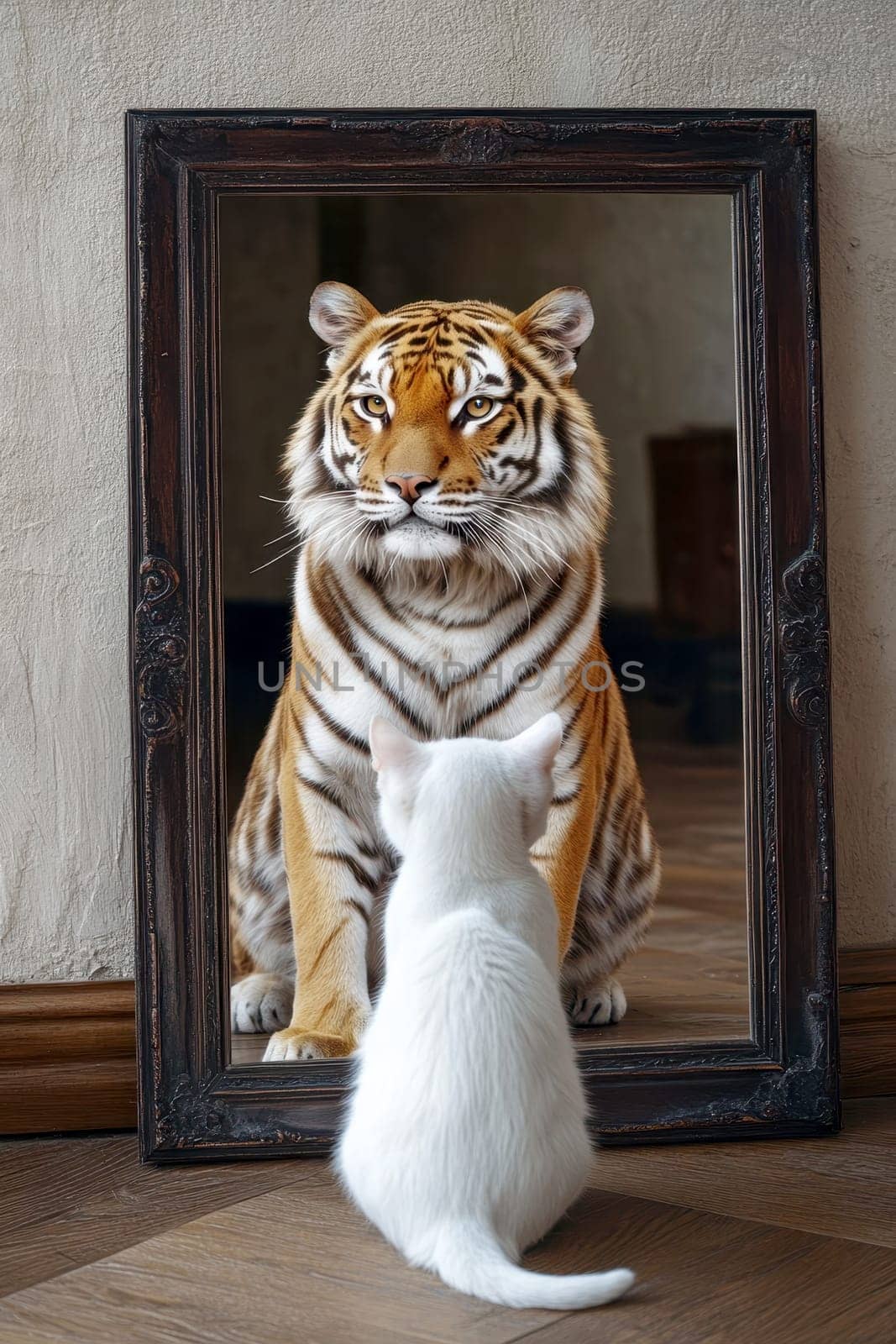 A domestic white cat looks into a mirror and sees a tiger staring back. This powerful image symbolizes self-confidence, ambition..